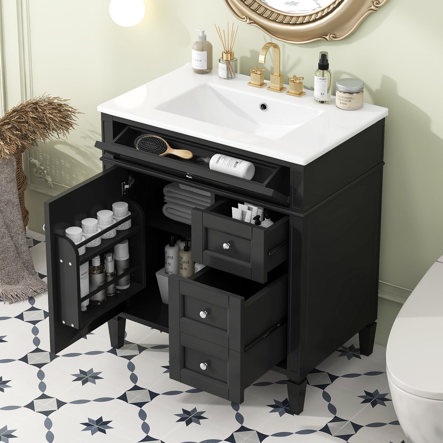 30'' Modern Bathroom Vanity with Sink - Black Storage Cabinet