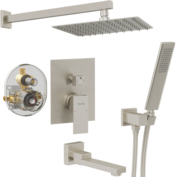 Rain Shower Head System with Bathtub Faucet Set and Handheld Spray - Brushed Nickel, 3-Function