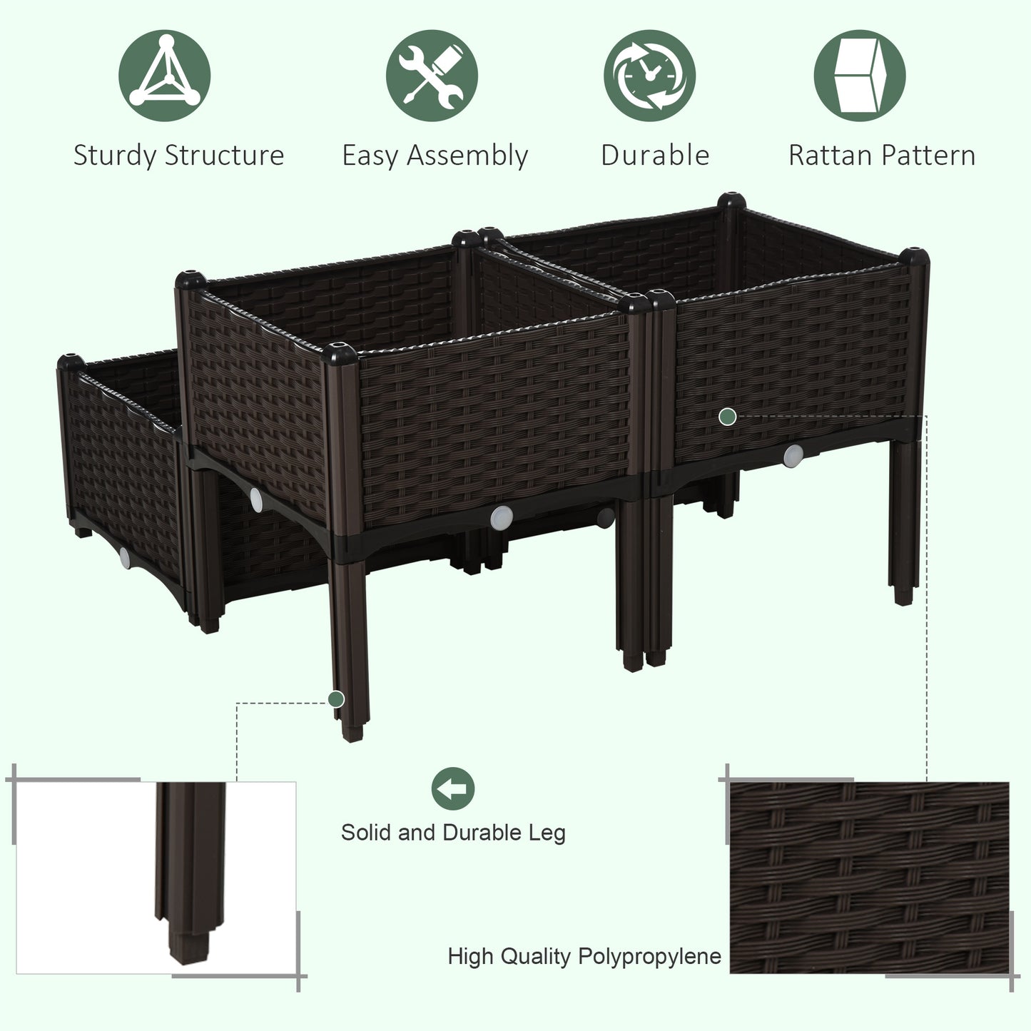 Raised Garden Bed with Legs - 4-Piece Set for Flowers Herbs Vegetables - Brown 460x460x380mm