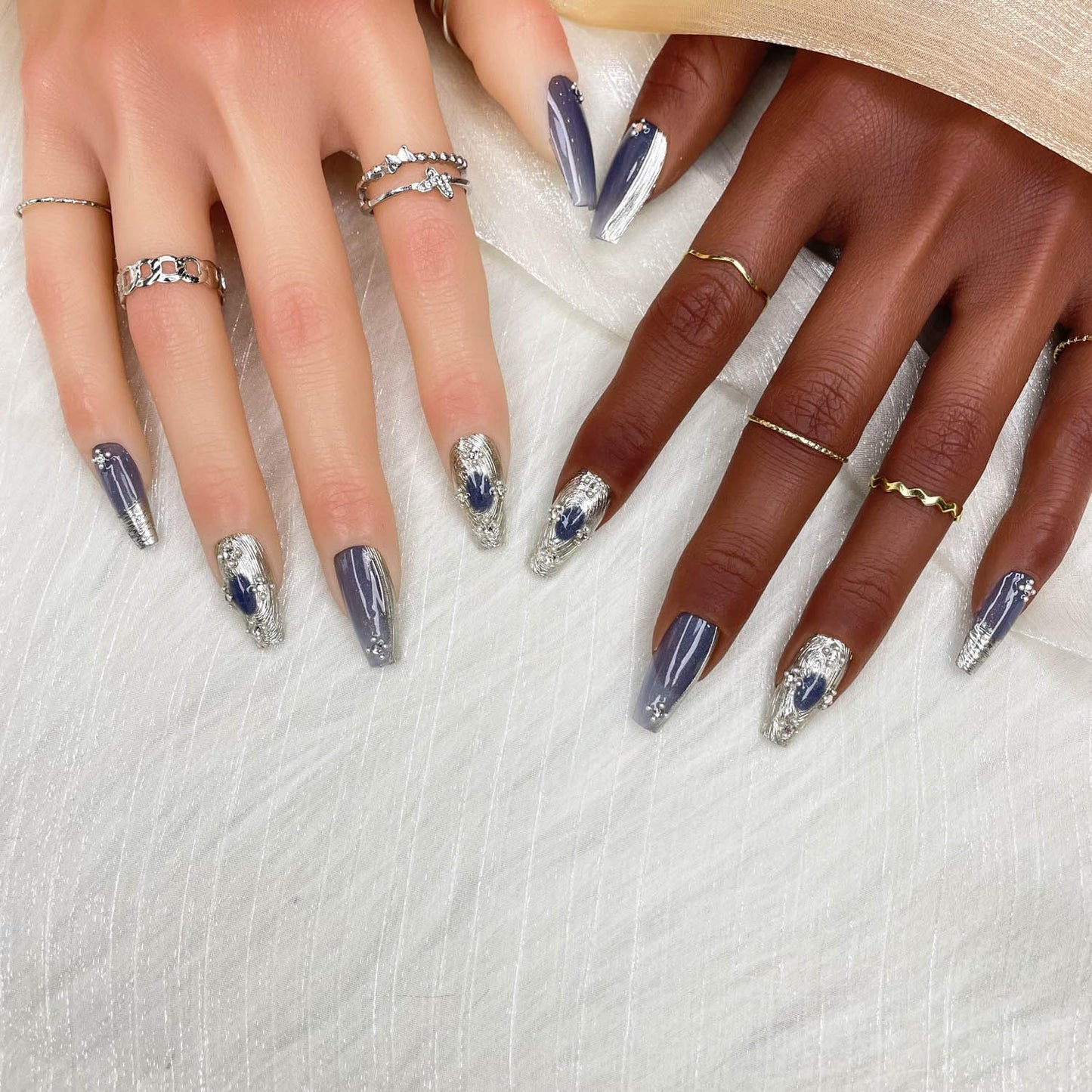 Long Coffin Press On Nails with Rhinestones - Gradient Mercury Veil