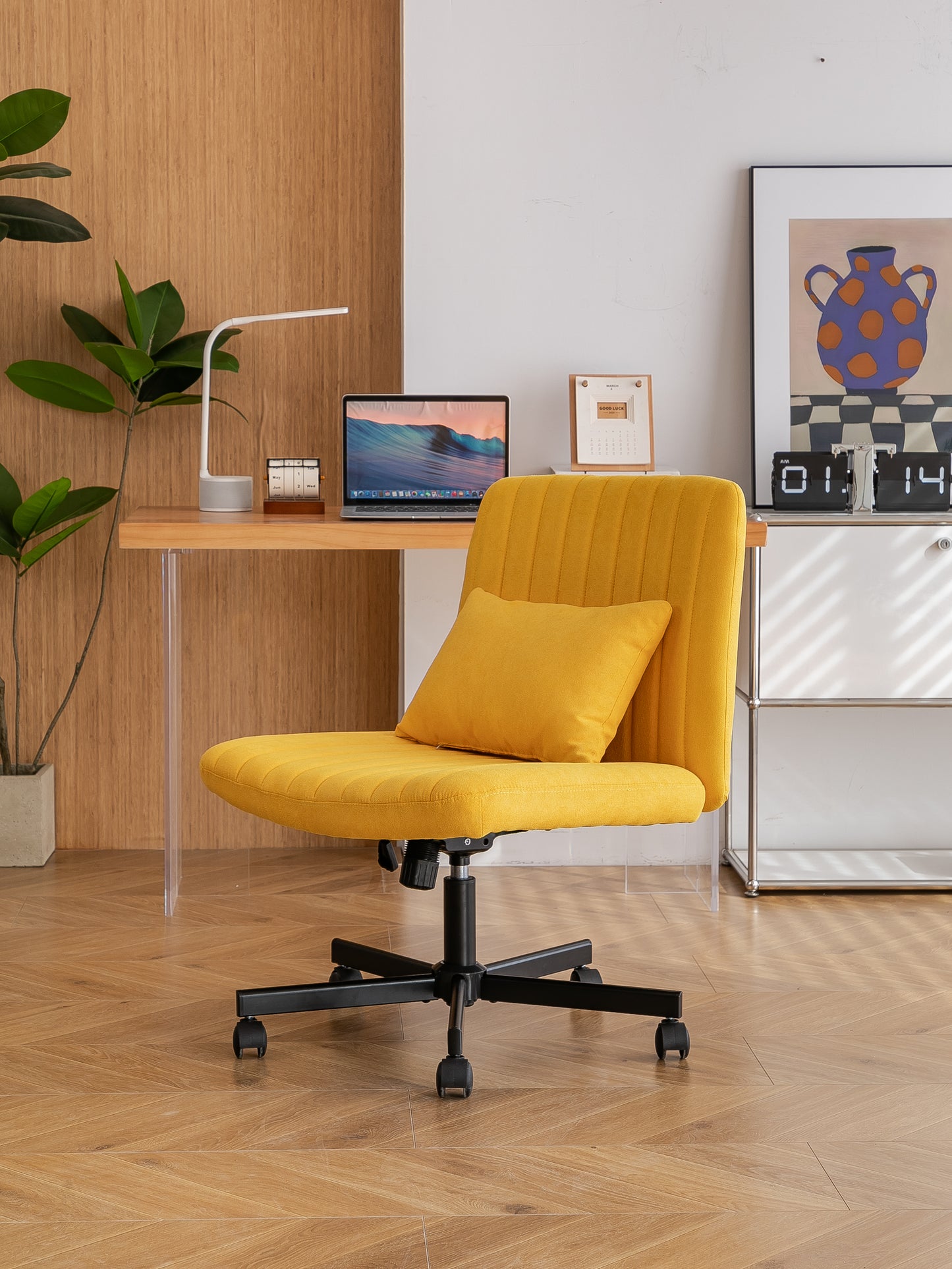 Yellow Linen Criss Cross Office Chair with Wheels - Ergonomic Design