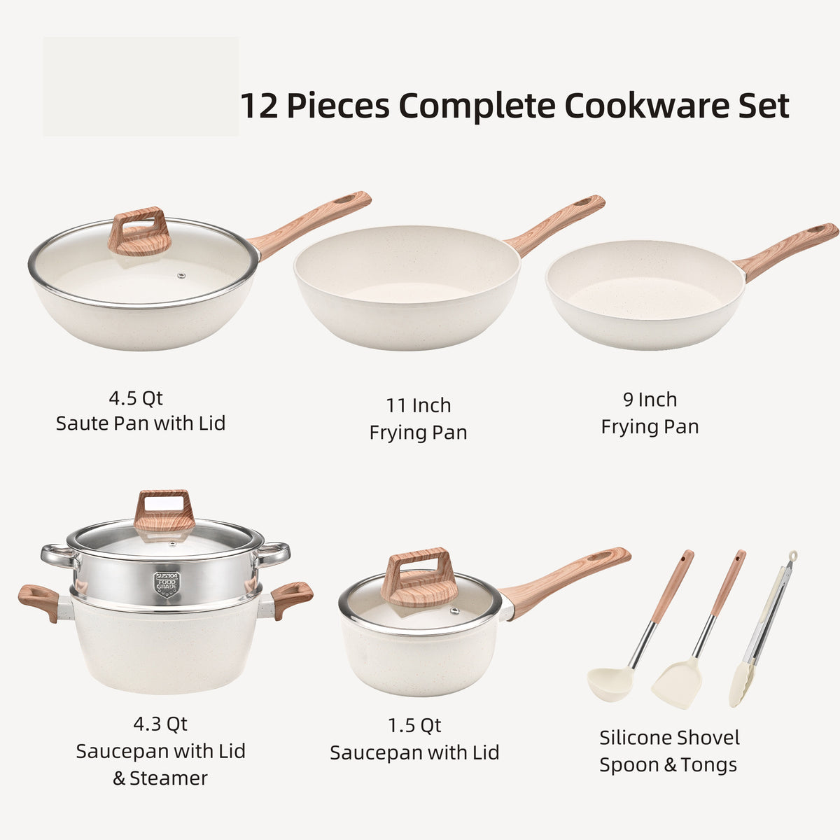 Granite Nonstick Cookware Set 12 Pieces - Black & White Home Kitchen