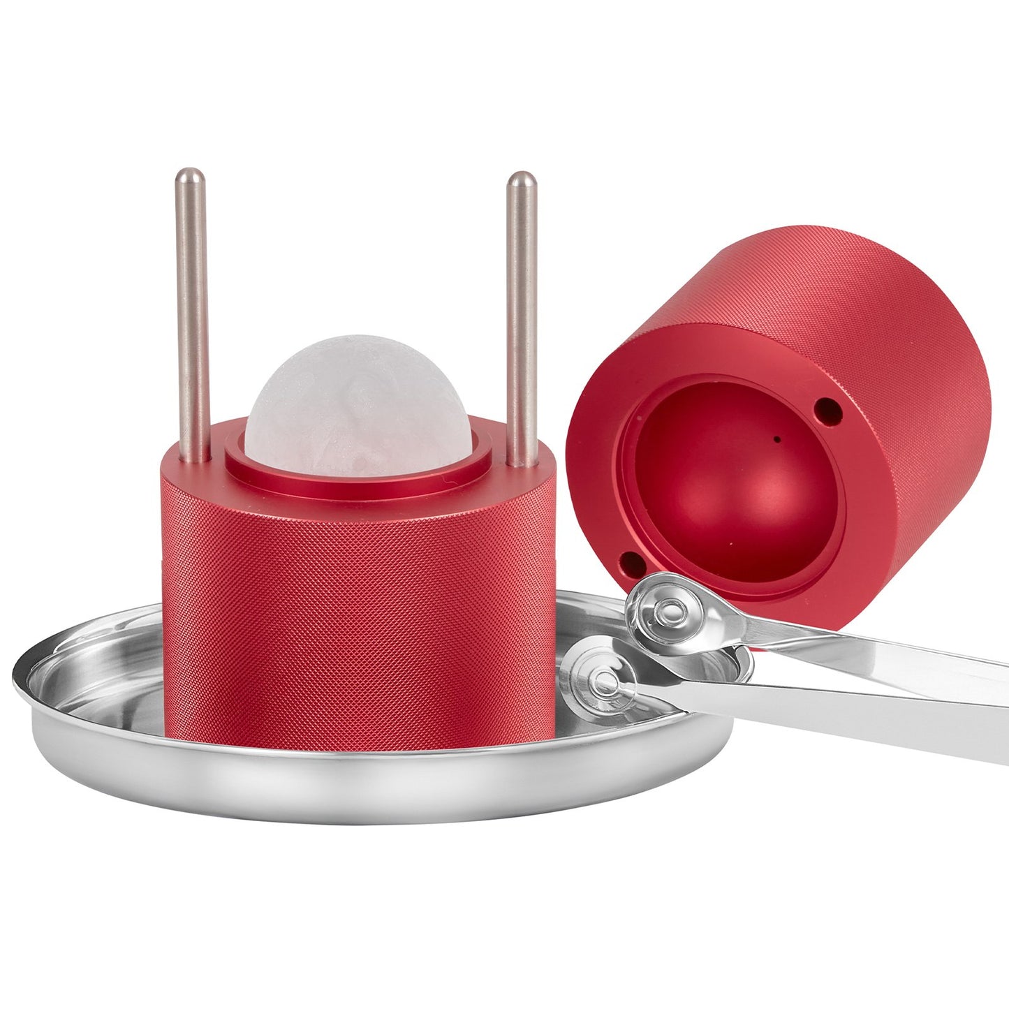 Ice Ball Press Kit - 2.4-Inch Whiskey Ice Maker with Drip Tray & Tongs - Red