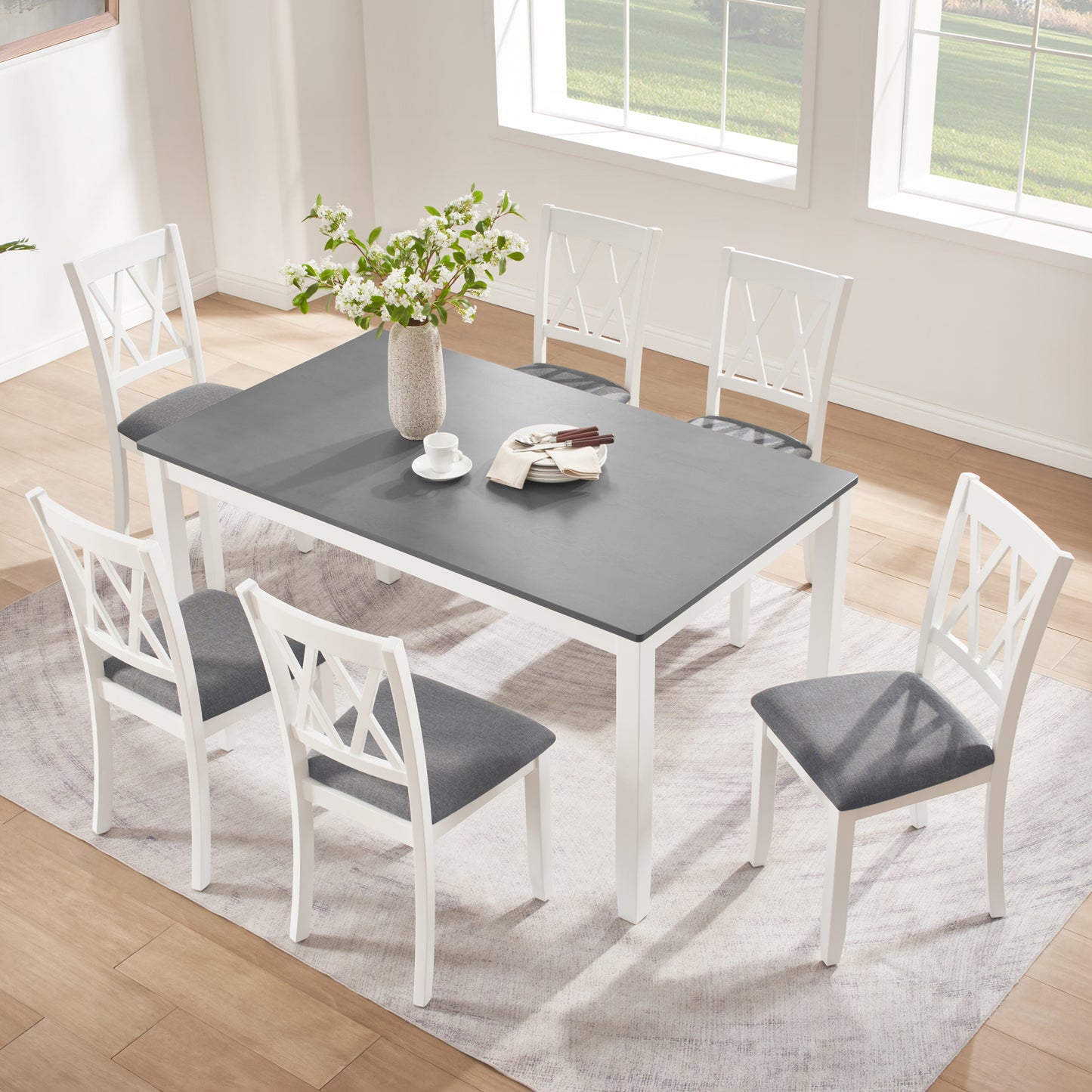 7-Piece Solid Wood Dining Set with 6 Upholstered Chairs - Grey & White