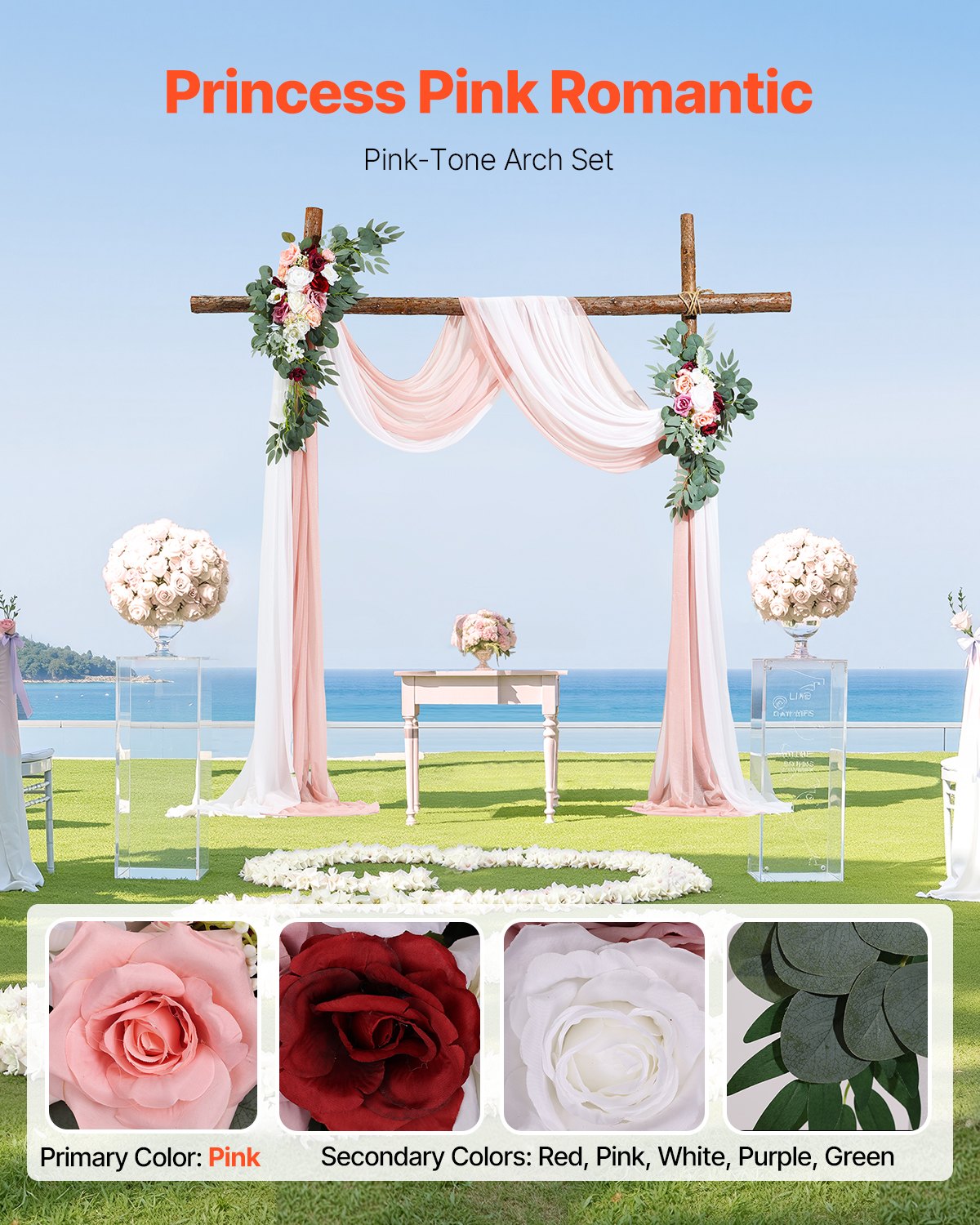 Artificial Wedding Arch Flowers Kit with 21ft Draping Fabric - Pink & Ivory