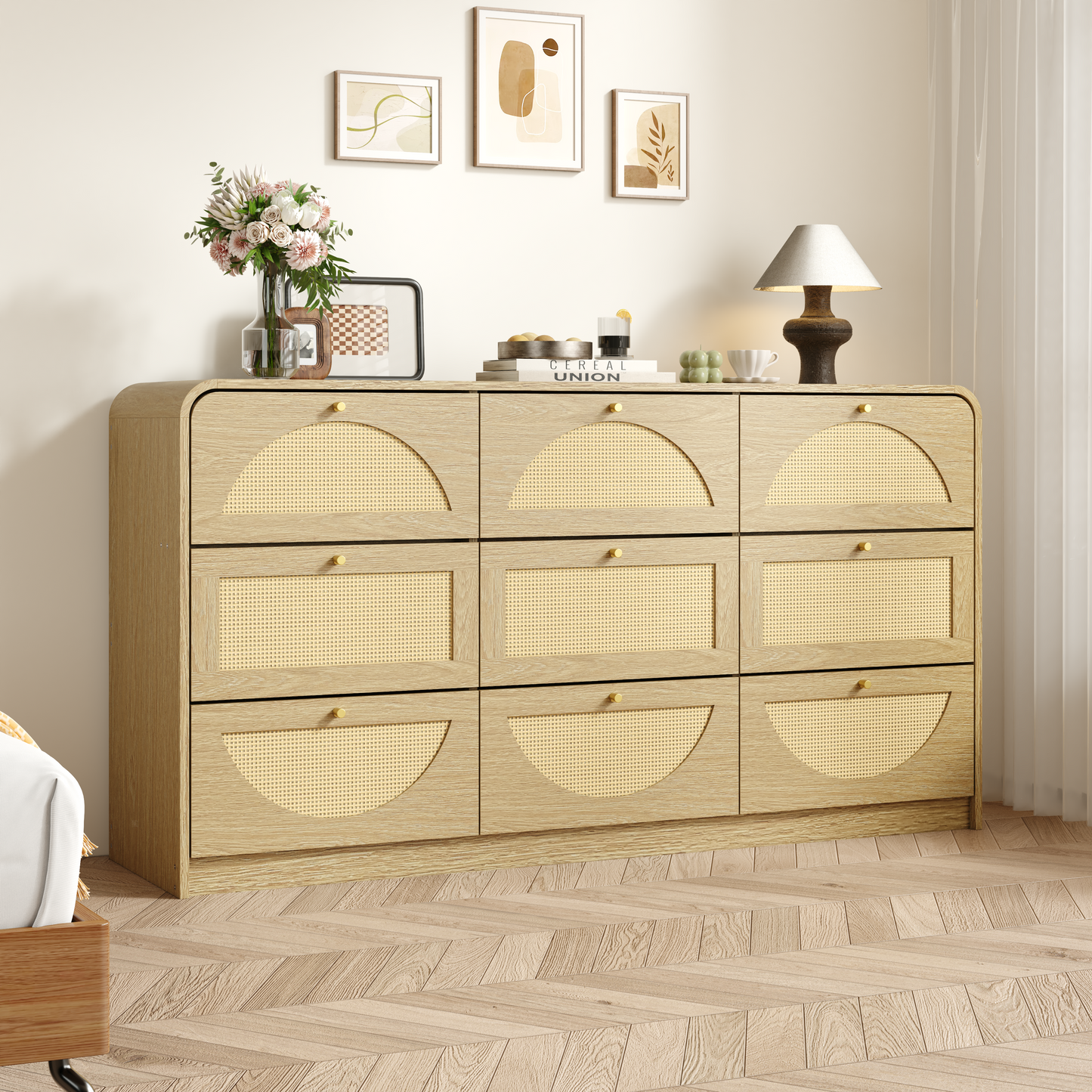 9-Drawer Rattan Dresser - Modern Walnut Storage Cabinet