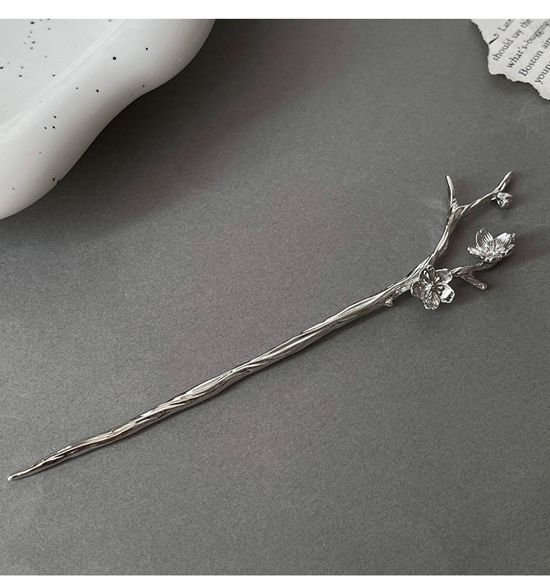 Metal Hairpin Hair Accessories for Women - Chinese Flower Design, Silver & Gun Black