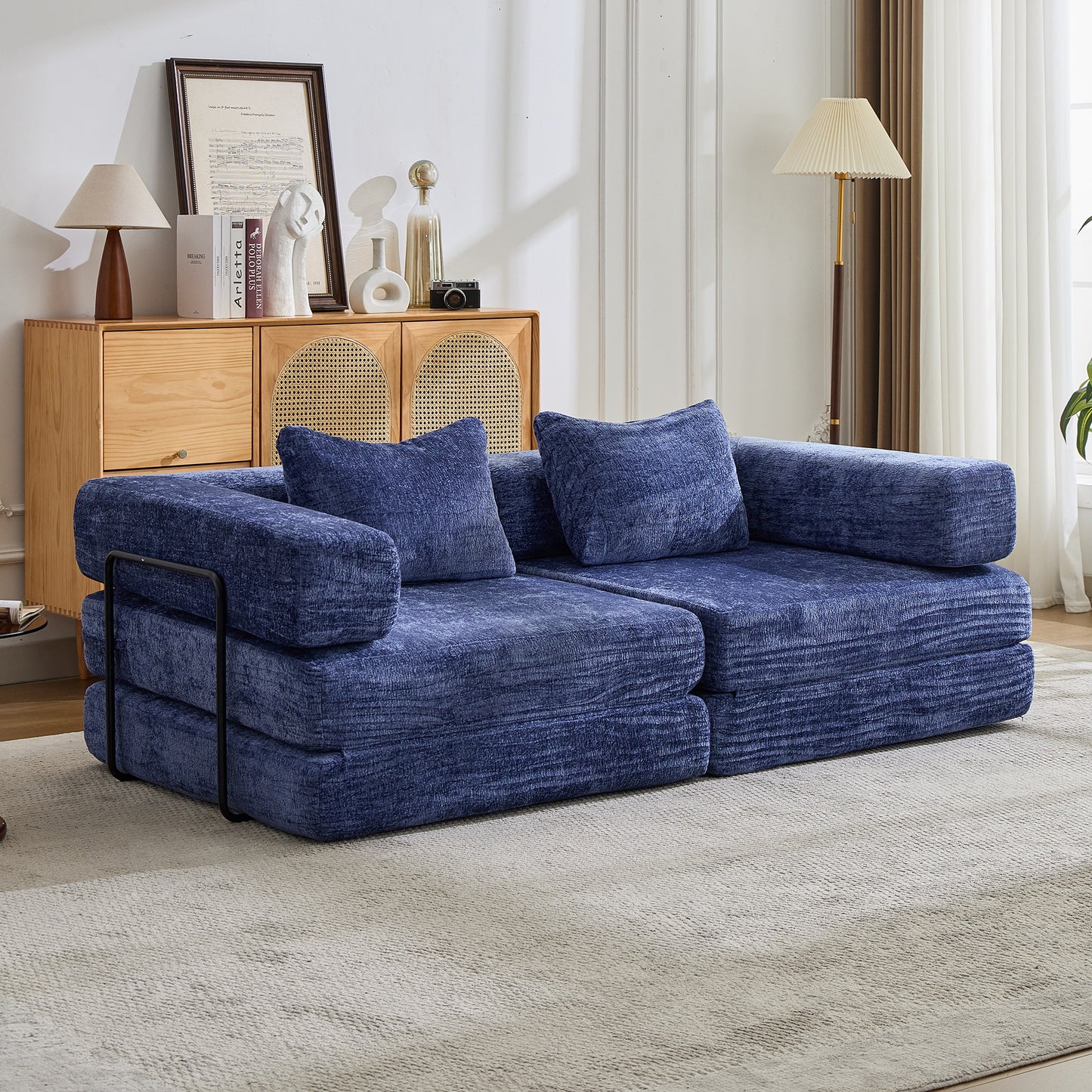 Convertible Floor Sofa Bed - Dark Blue Chenille, No Assembly