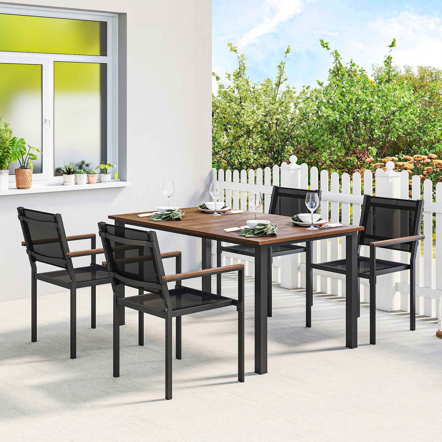 Outdoor Dining Set for 4 - 59" Acacia Wood Table & Stackable Chairs