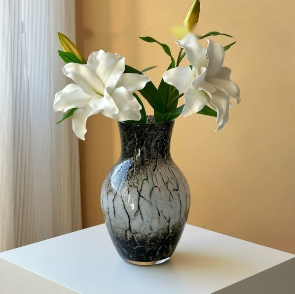 Chinese-Style Black and White Ink Wash Glazed Glass Vase - Handblown Decor