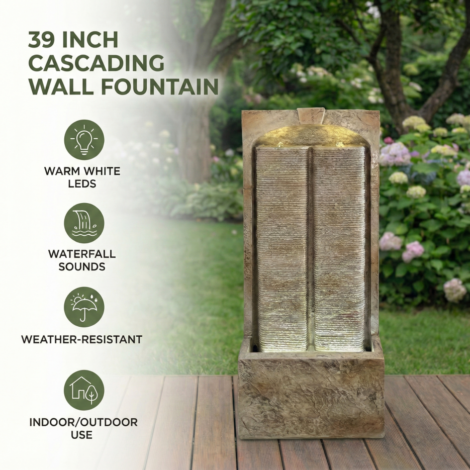 39 Inch Outdoor Water Fountain with Pump, Modern Cascading Garden Water Feature with LED Lights
