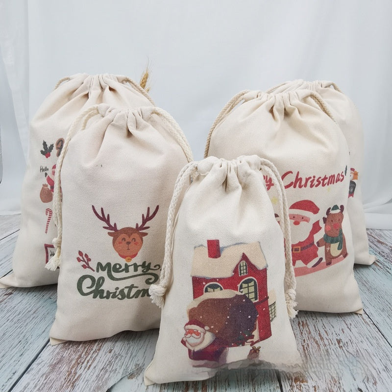 Christmas Canvas Drawstring Gift Bag Set - Multiple Sizes & Designs