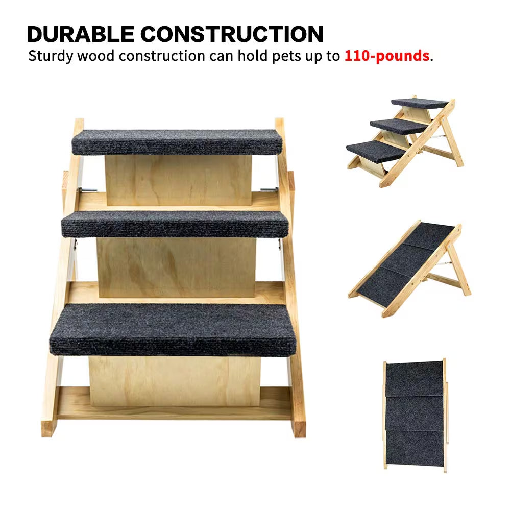 Foldable Wooden Pet Stairs & Ramp for Dogs & Cats - 3 Levels, Up to 110 lbs, Grey