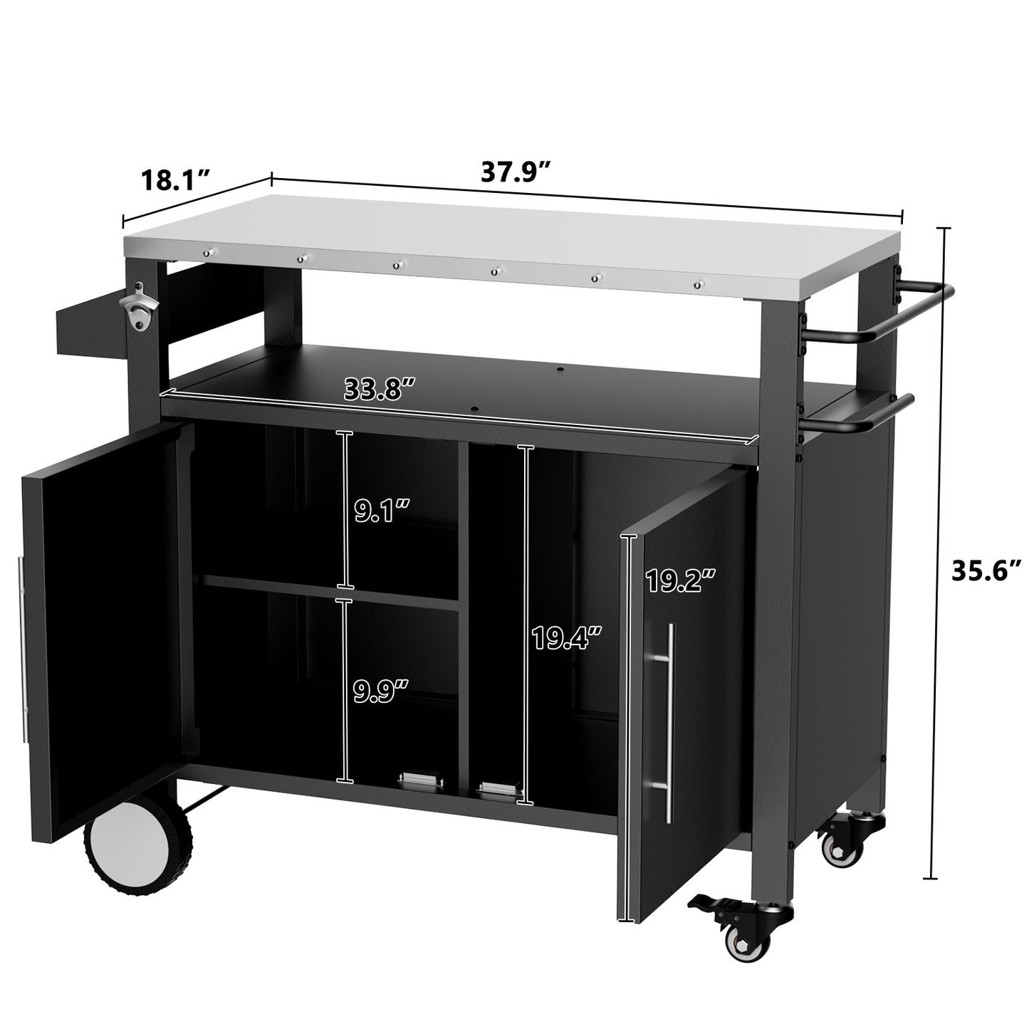 Outdoor Grill Cart with Storage and Wheels - Black Stainless Steel BBQ Trolley
