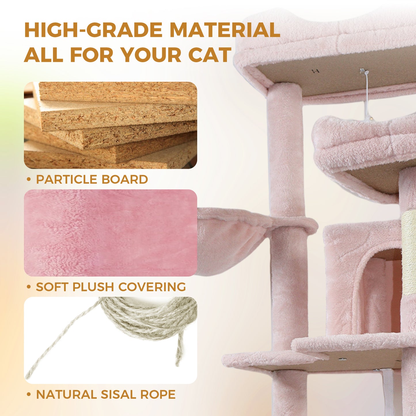 Pink Multi-Level Cat Tree with Hammocks, Scratching Posts & Hideaways - 68in Tall