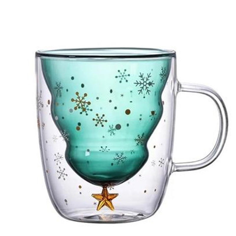 Christmas Tree Mug Double Walled Borosilicate Glass Cup with Handle - Holiday Drinkware