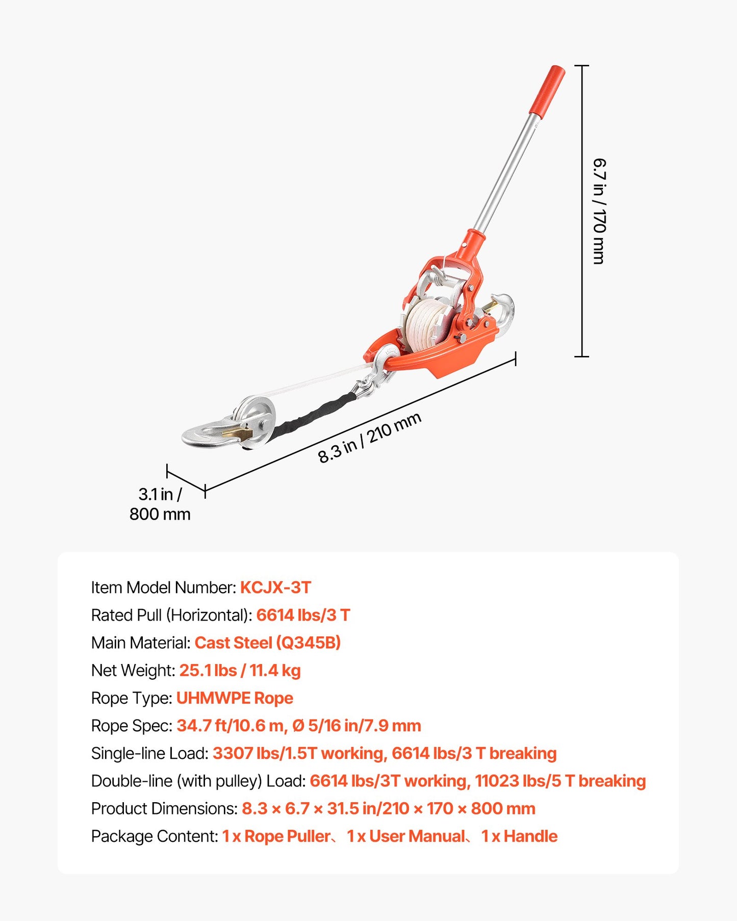 Heavy Duty Rope Puller 6614 Lb Capacity Ratchet Winch with 35 Ft Rope & Hooks