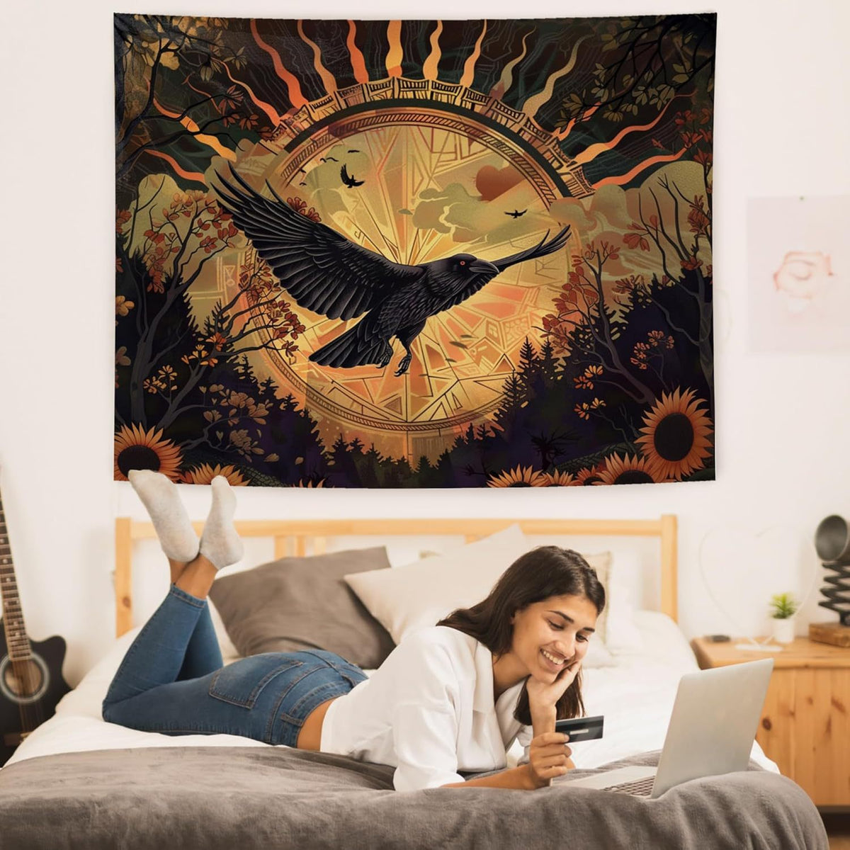 Halloween Raven Sunflower Tapestry - Gothic Wall Decor for Home & Garden