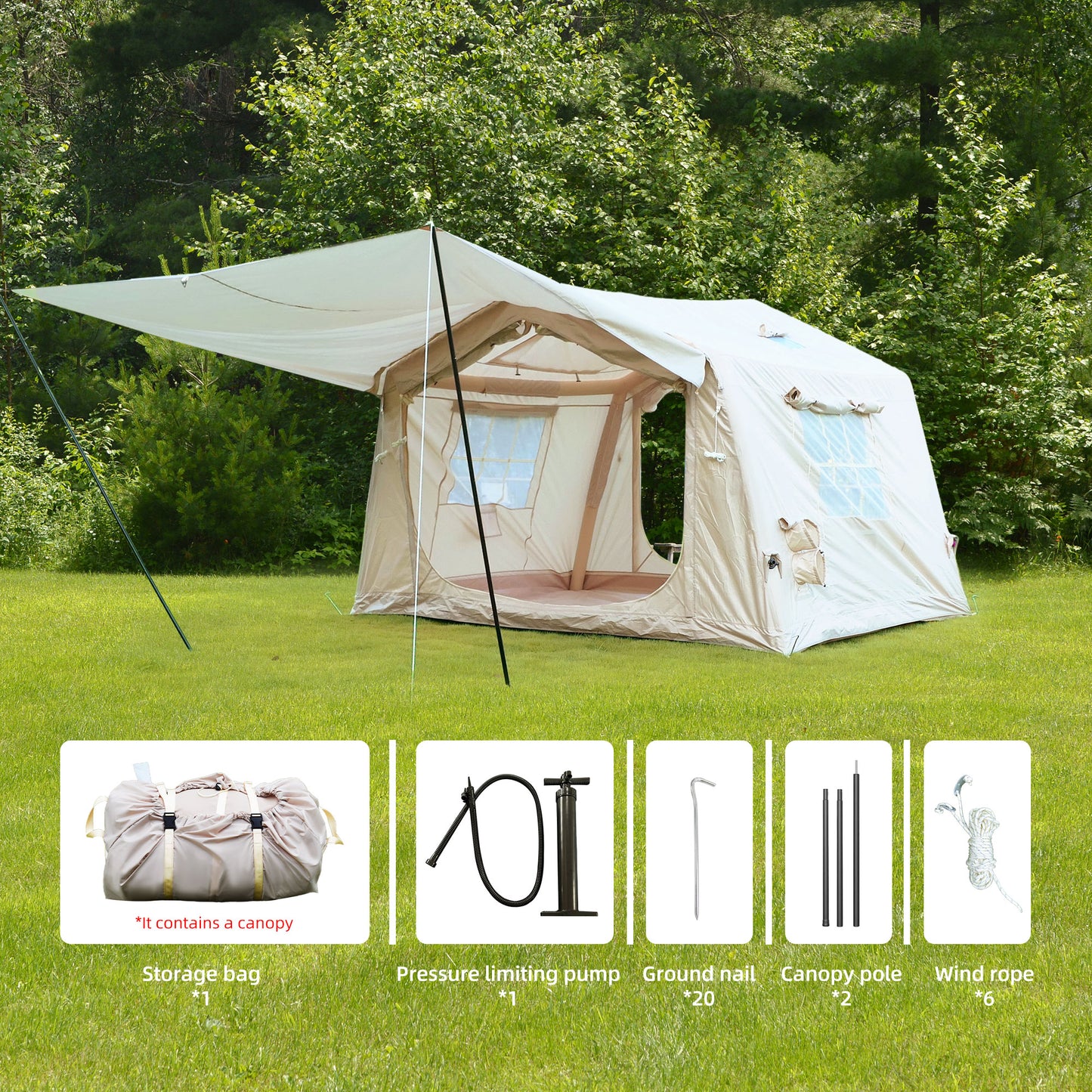 Inflatable Camping Tent with Canopy - Waterproof Beige 4-8 Person