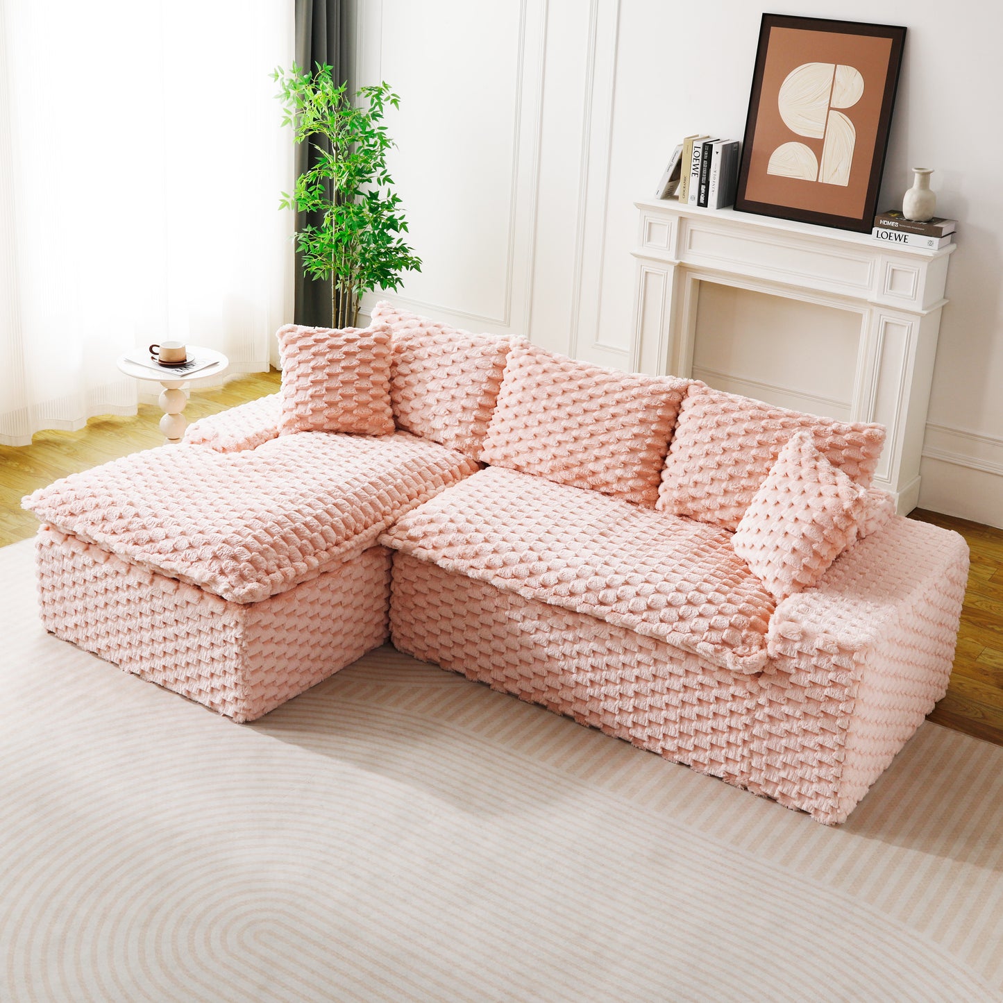 Convertible Pink Turtle Velvet Sofa with Left Chaise Lounge