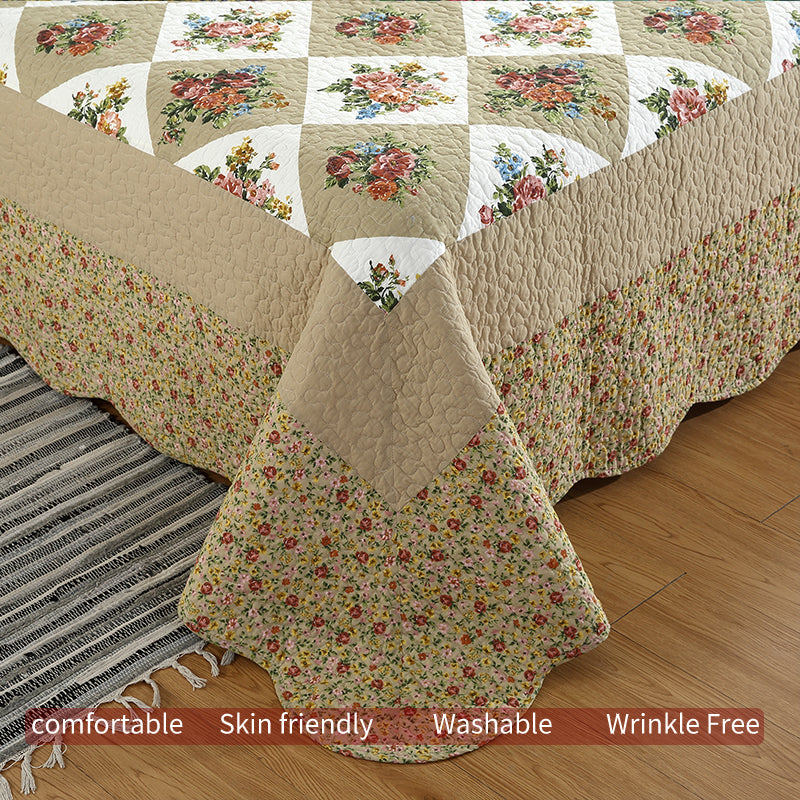 Vintage Reversible Cotton Bedspread Set - Floral Patchwork Queen All Season