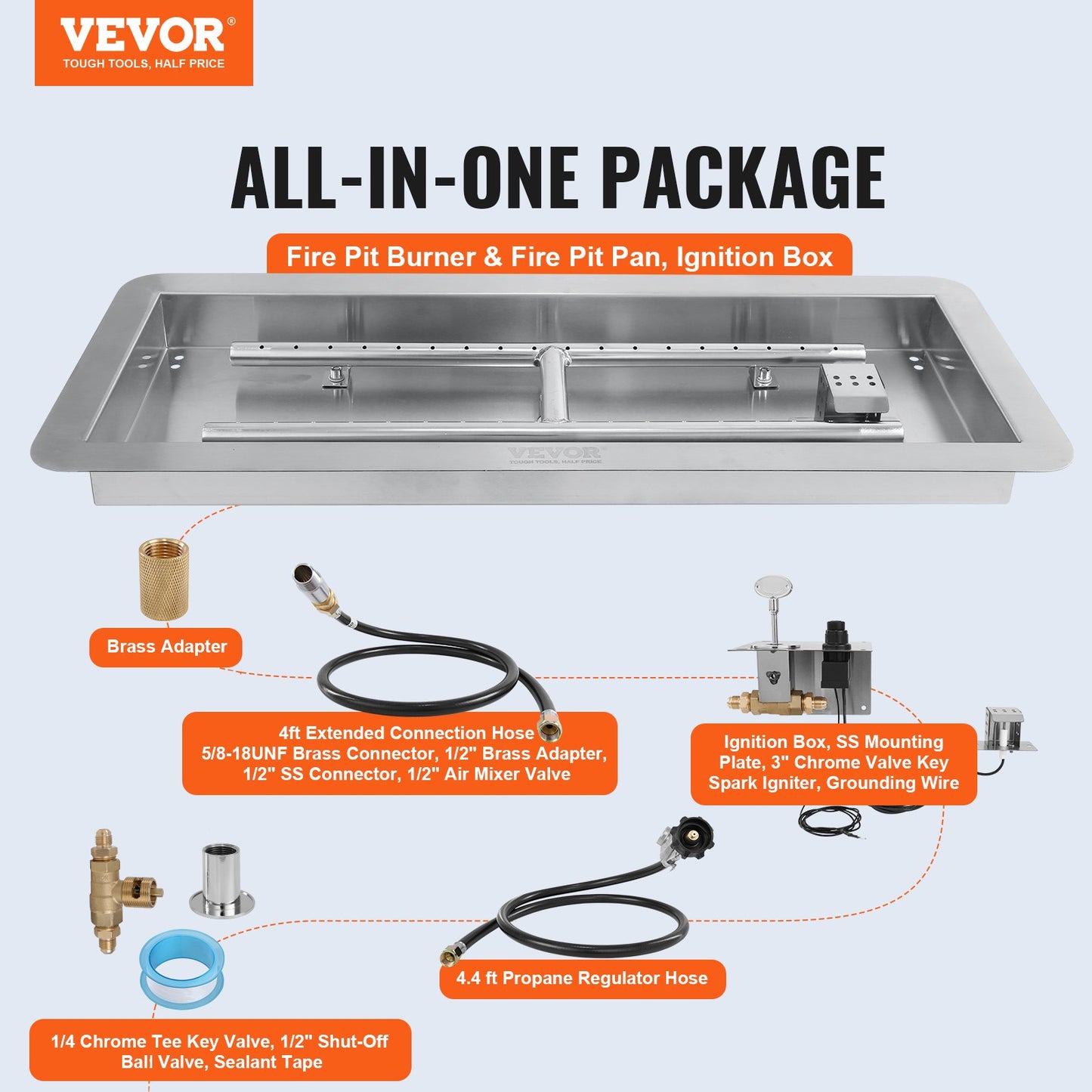 24-Inch Drop-In Fire Pit Pan Kit - Rectangular Stainless Steel Gas Burner for Indoor & Outdoor Use