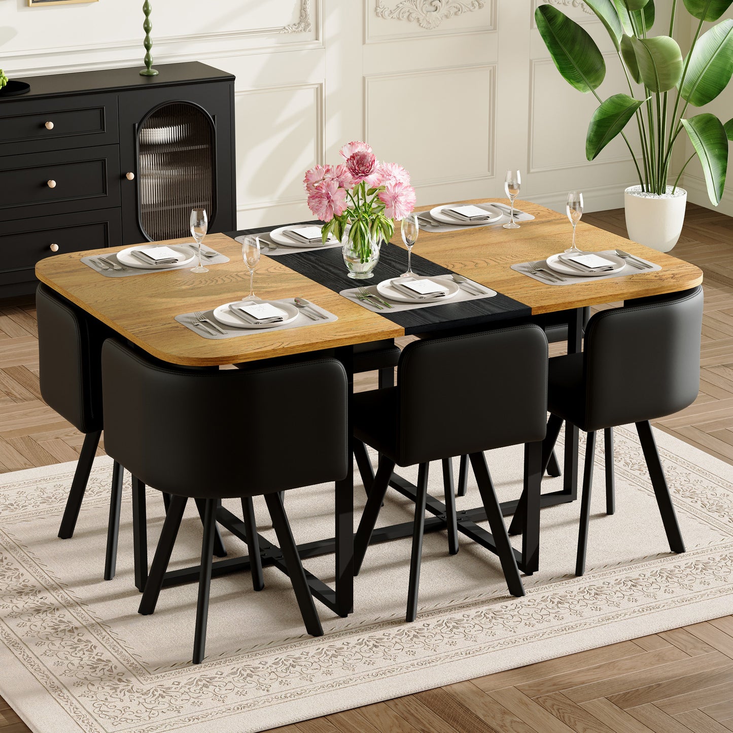7-Piece Rectangular Dining Table Set with 6 Black Chairs