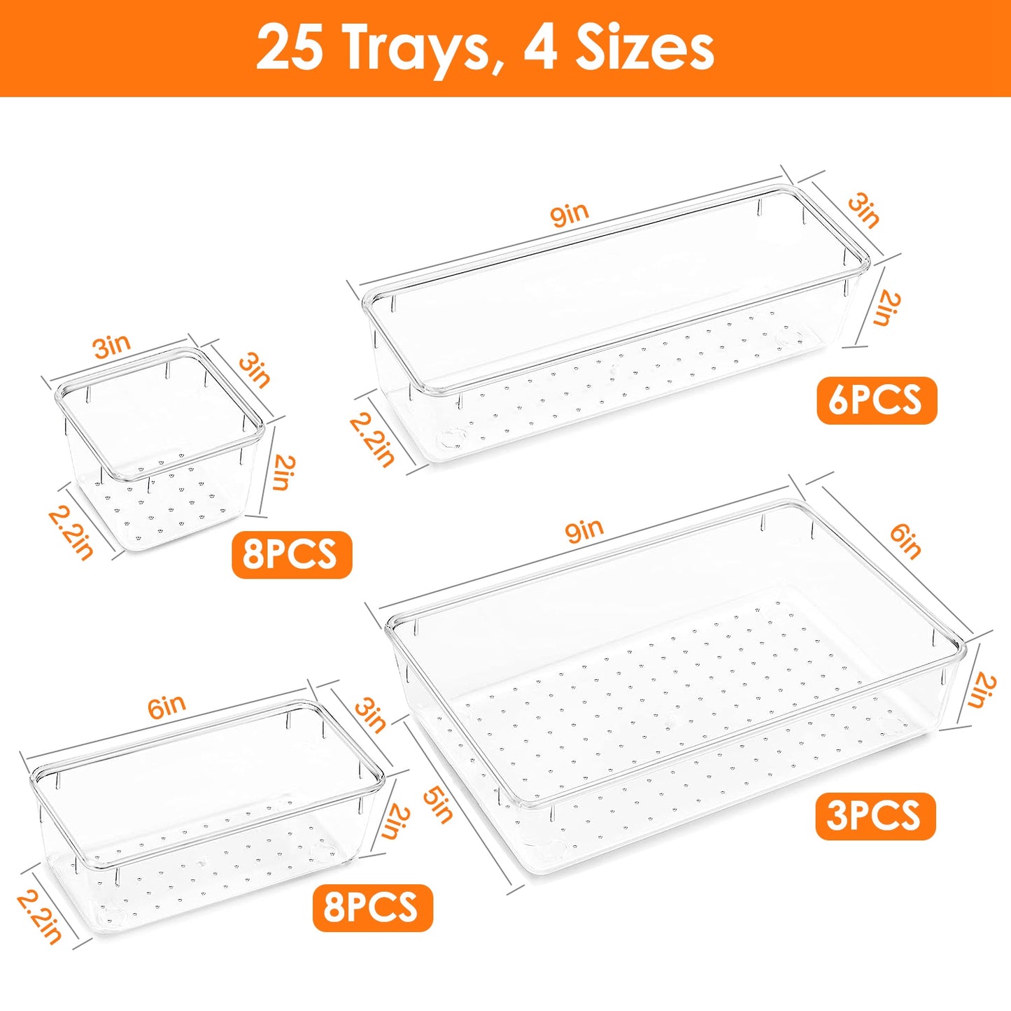 25Pcs Clear Plastic Drawer Organizers Set 4 Sizes Desk Dividers Trays