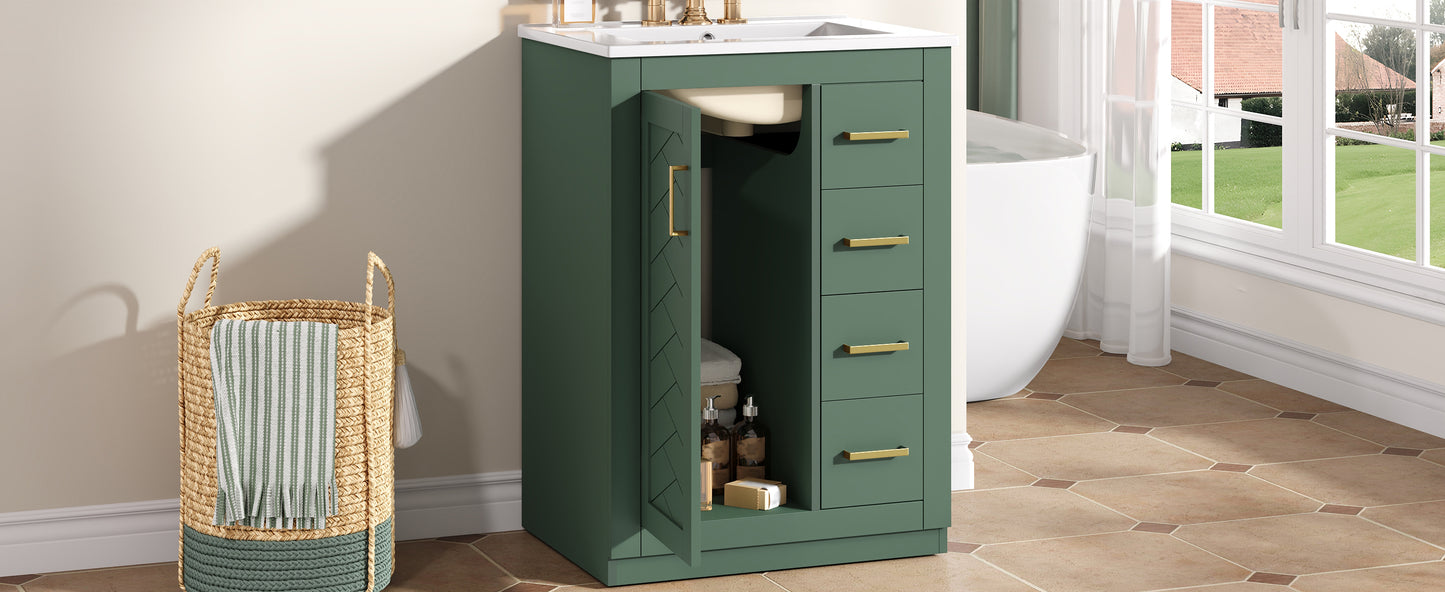 24" Green Bathroom Vanity with Integrated Ceramic Sink & 3 Drawers