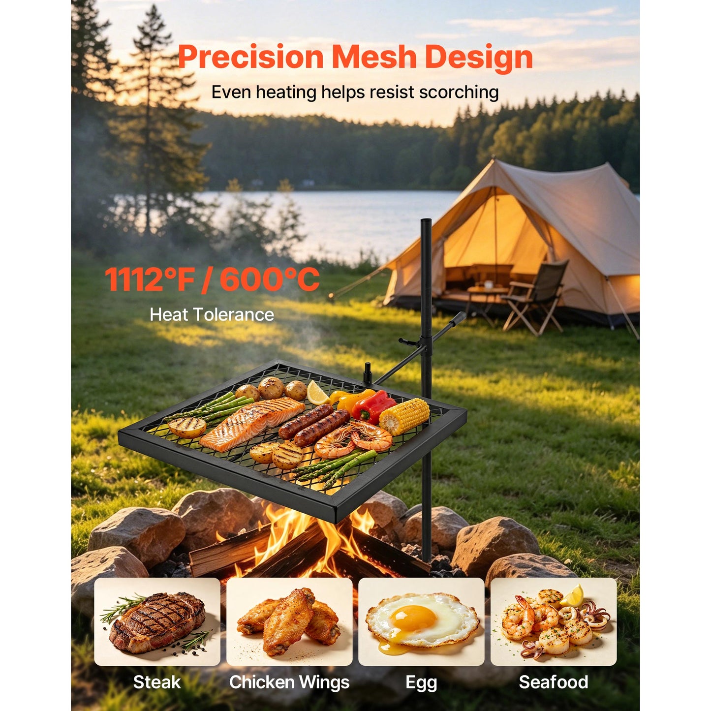 Heavy Duty Swivel Campfire Grill - 16-Inch Portable BBQ Grate with Adjustable Height & Carrying Bag