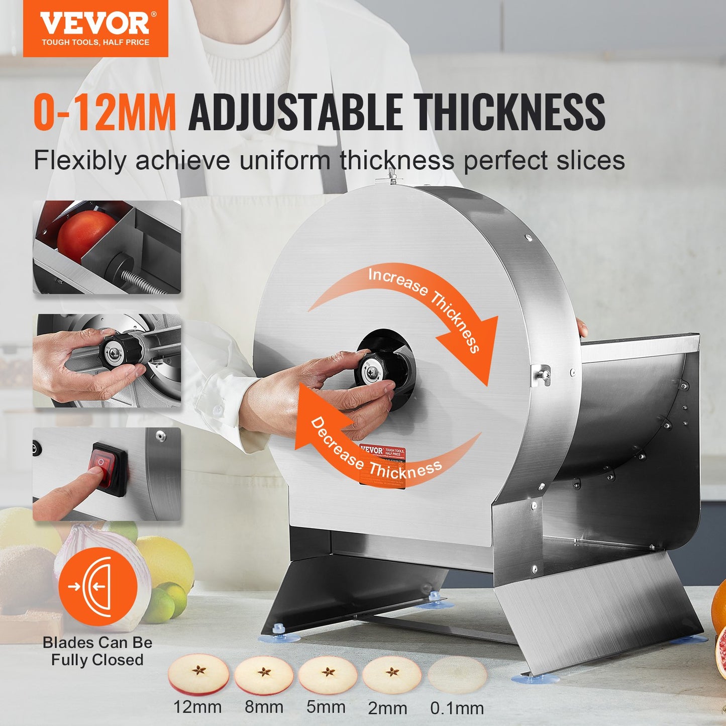 Electric Vegetable Slicer - Adjustable 0-12mm Thickness, Stainless Steel Food Cutter, Manual & Electric Modes