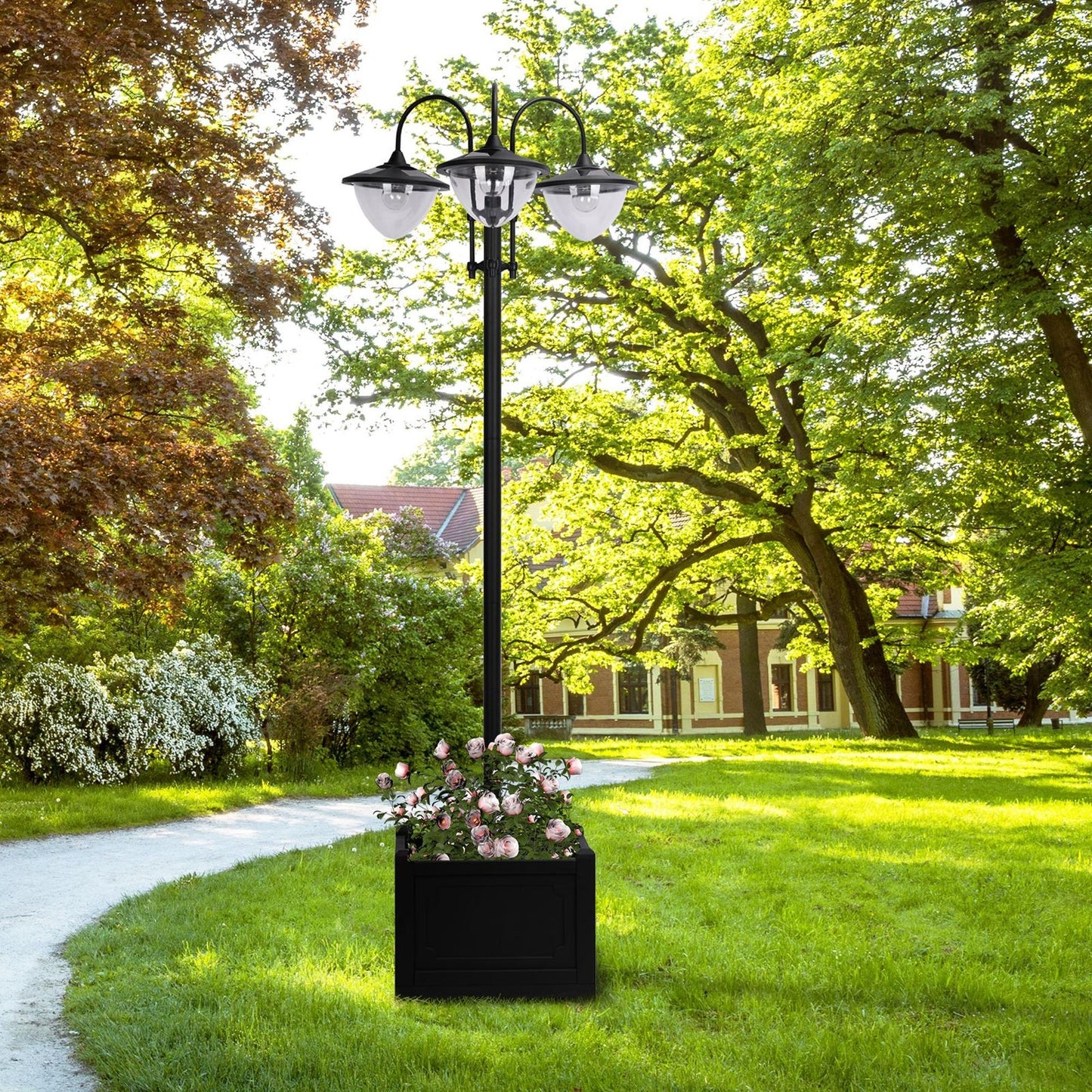74.5" 3-Head Solar Lamp Post Light with Planter - Black