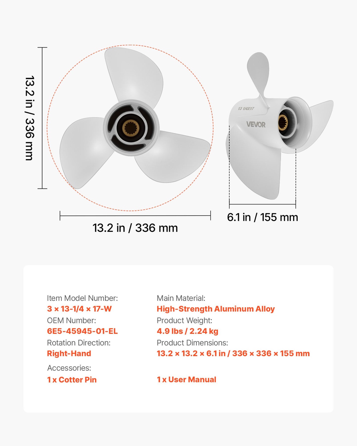 Aluminum Outboard Propeller for Yamaha 50-130 HP, 3-Blade, RH Rotation, Black