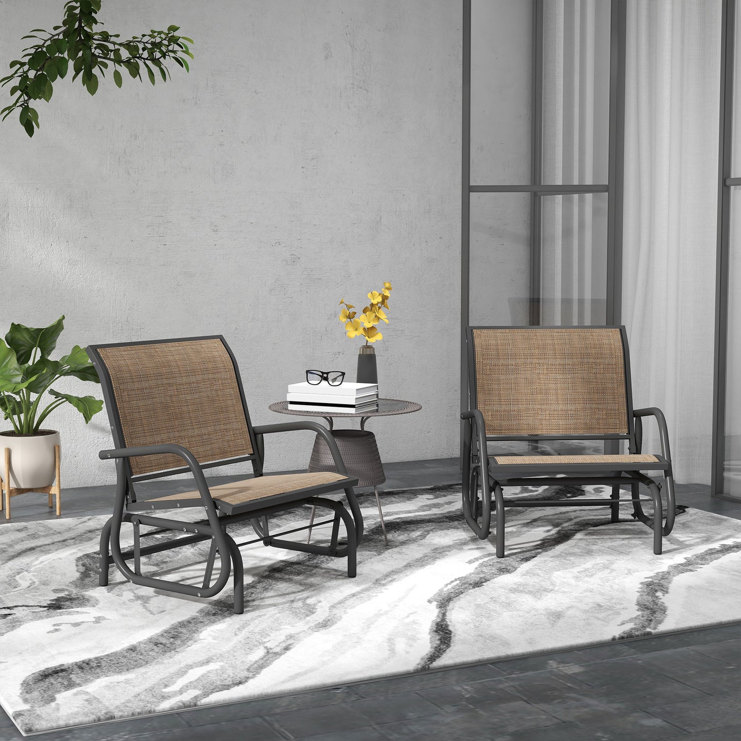 Set of 2 Outdoor Glider Chairs with Curved Armrests - Mixed Brown