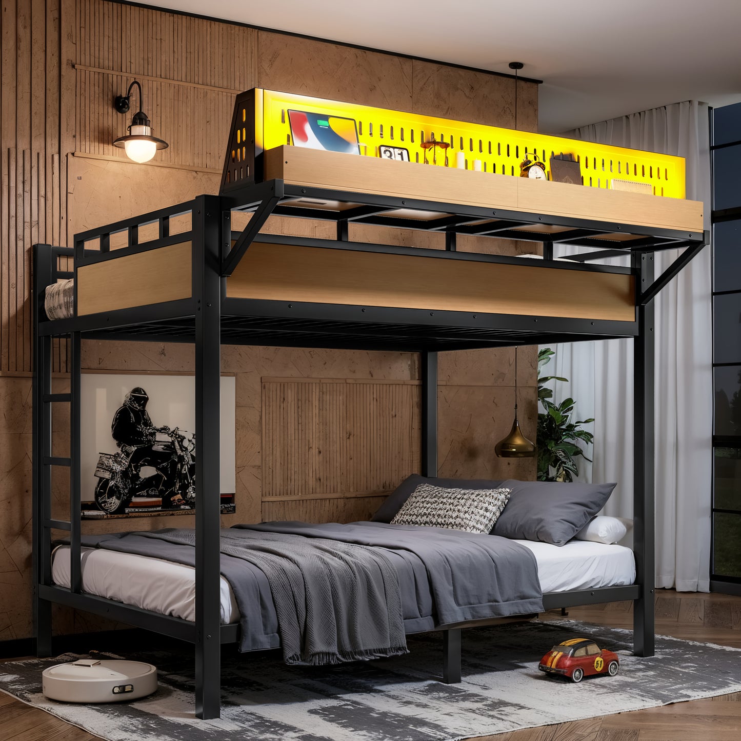 Full Over Full Metal Bunk Bed with Storage, USB Ports & LED Lights - Natural