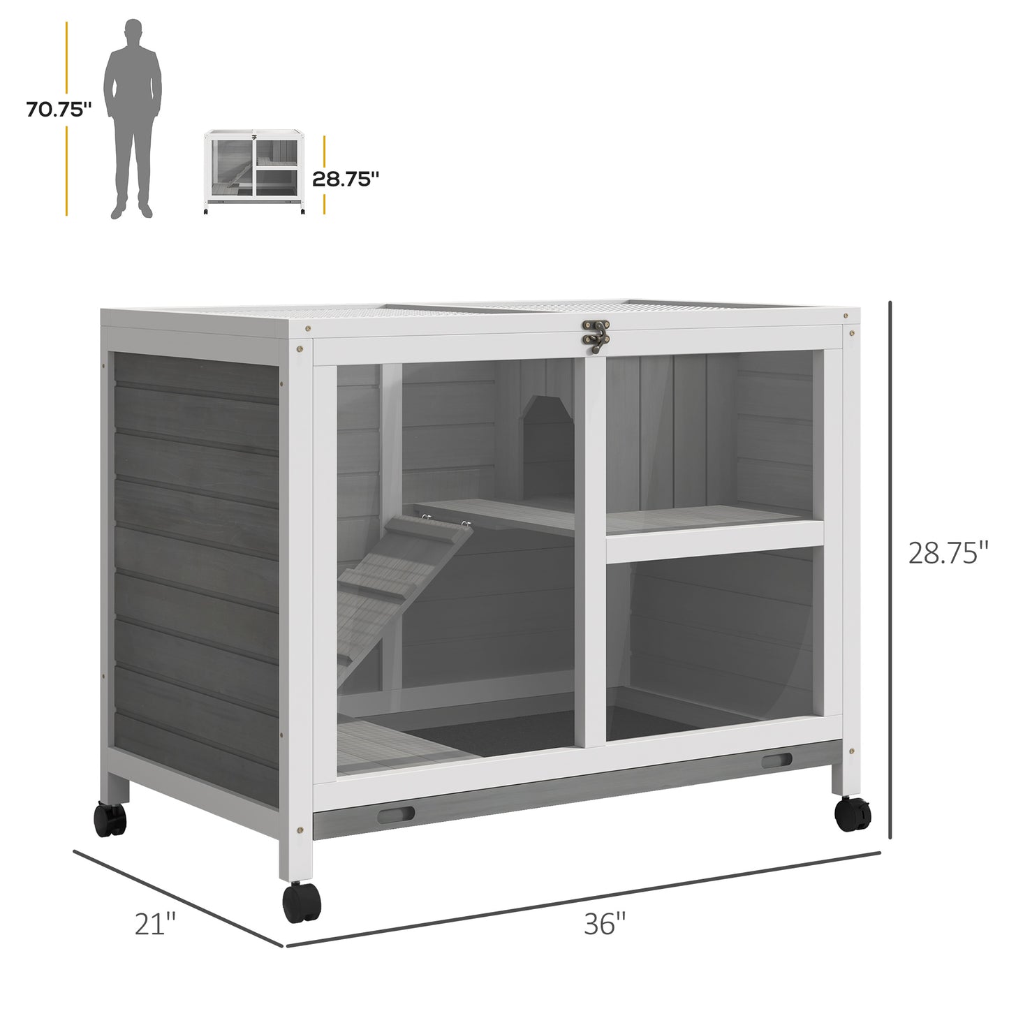 Pet Rabbit Hutch on Wheels - Compact Wooden Cage with Plexiglass Window & Open Roof