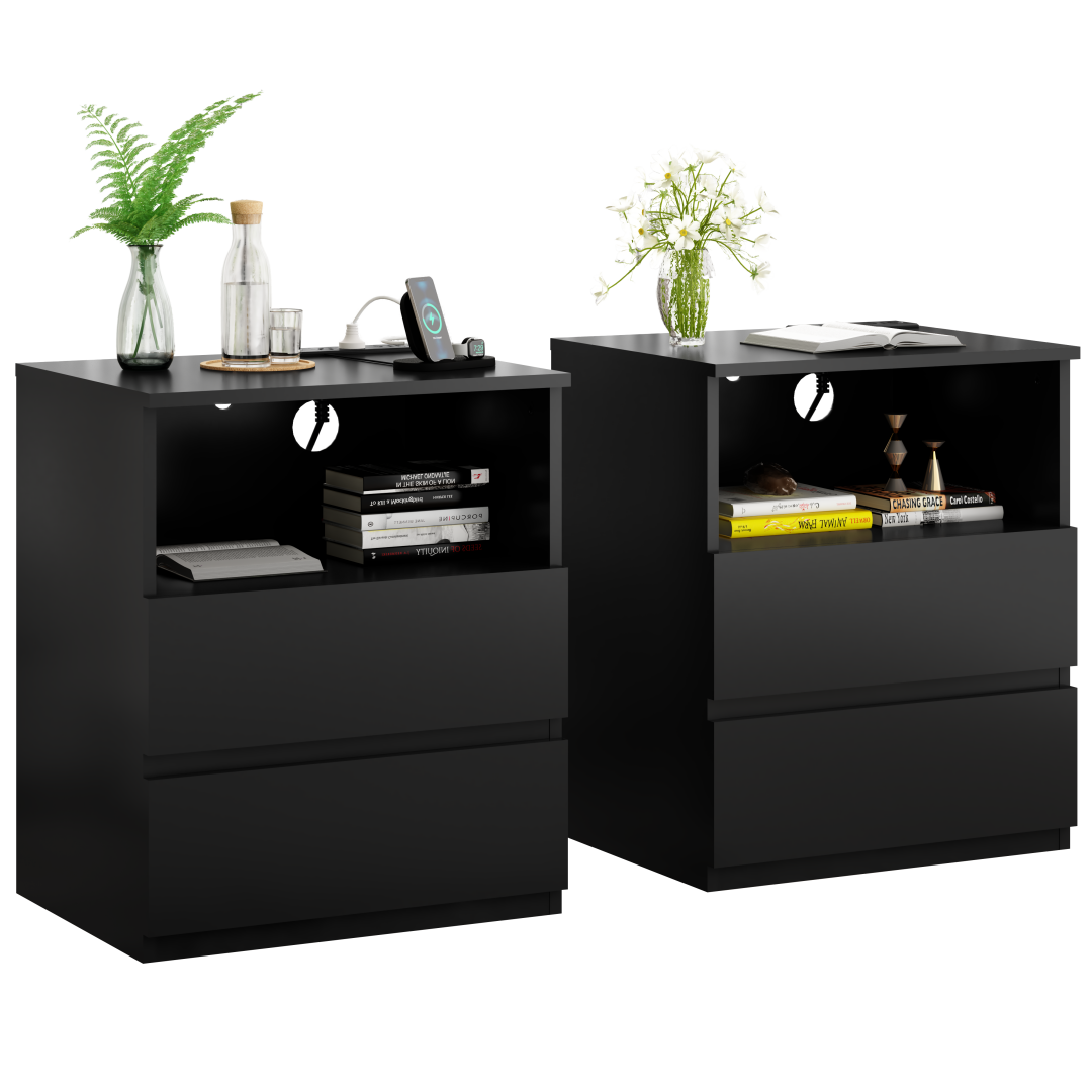 Set of 2 Modern End Tables with USB Charging Station & Drawers - Black