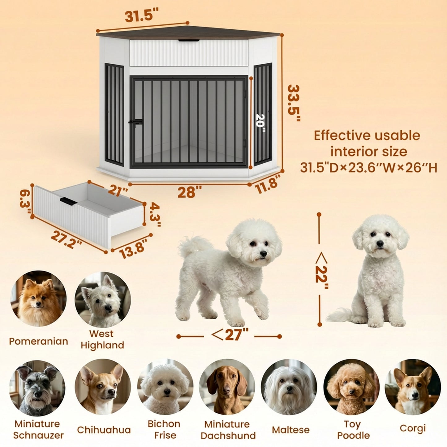 44.6 Corner MDF Dog Crate Furniture For Small Medium Dogs, Decorative