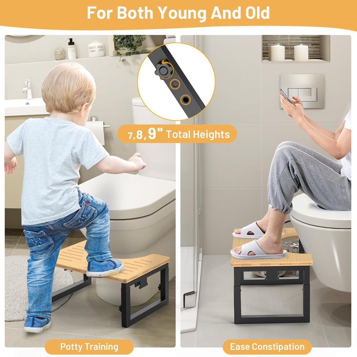 Wooden Folding Toilet Stool with Adjustable Height for Bathroom