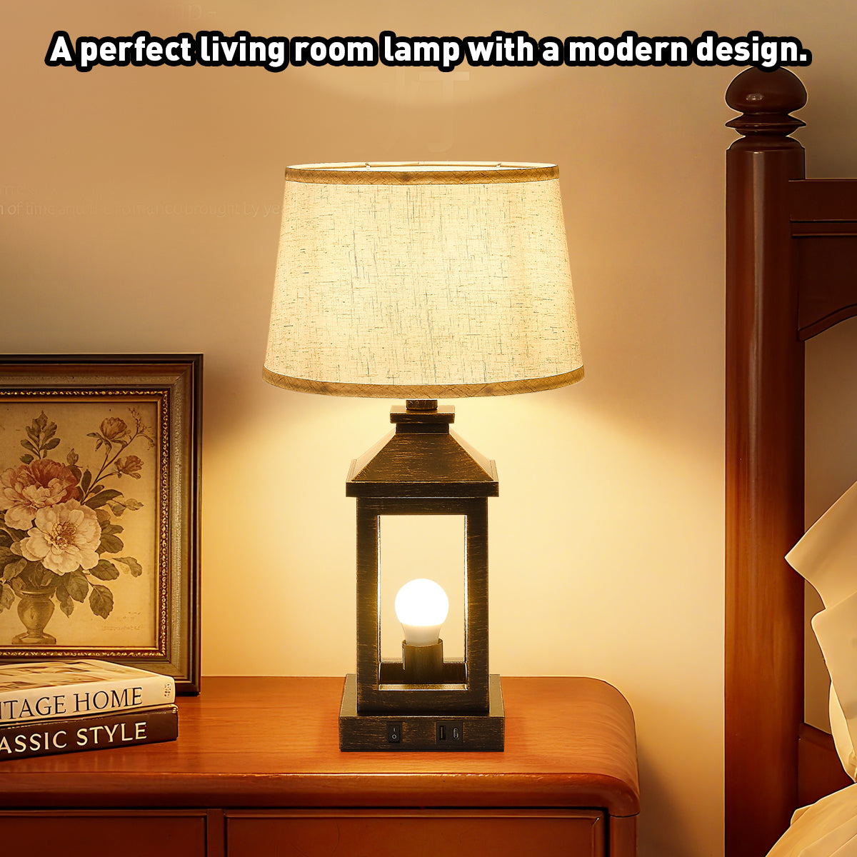 Dimmable Black Gold Farmhouse Table Lamp with USB Ports