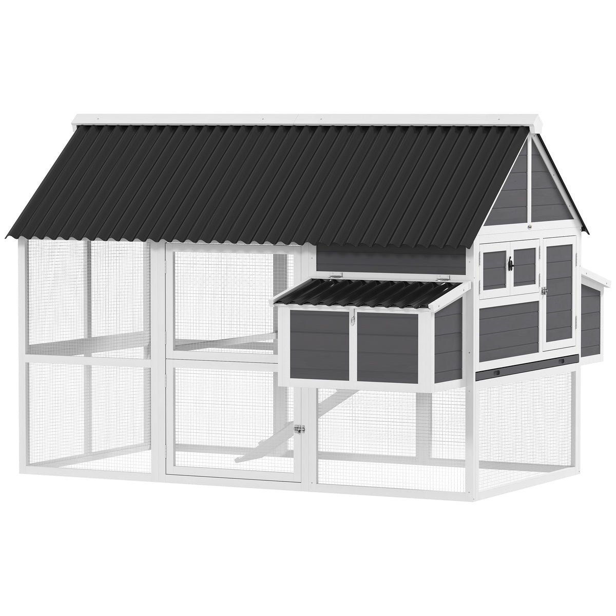 Wooden Chicken Coop with Run and Nesting Boxes - Gray, 1170x785x182mm