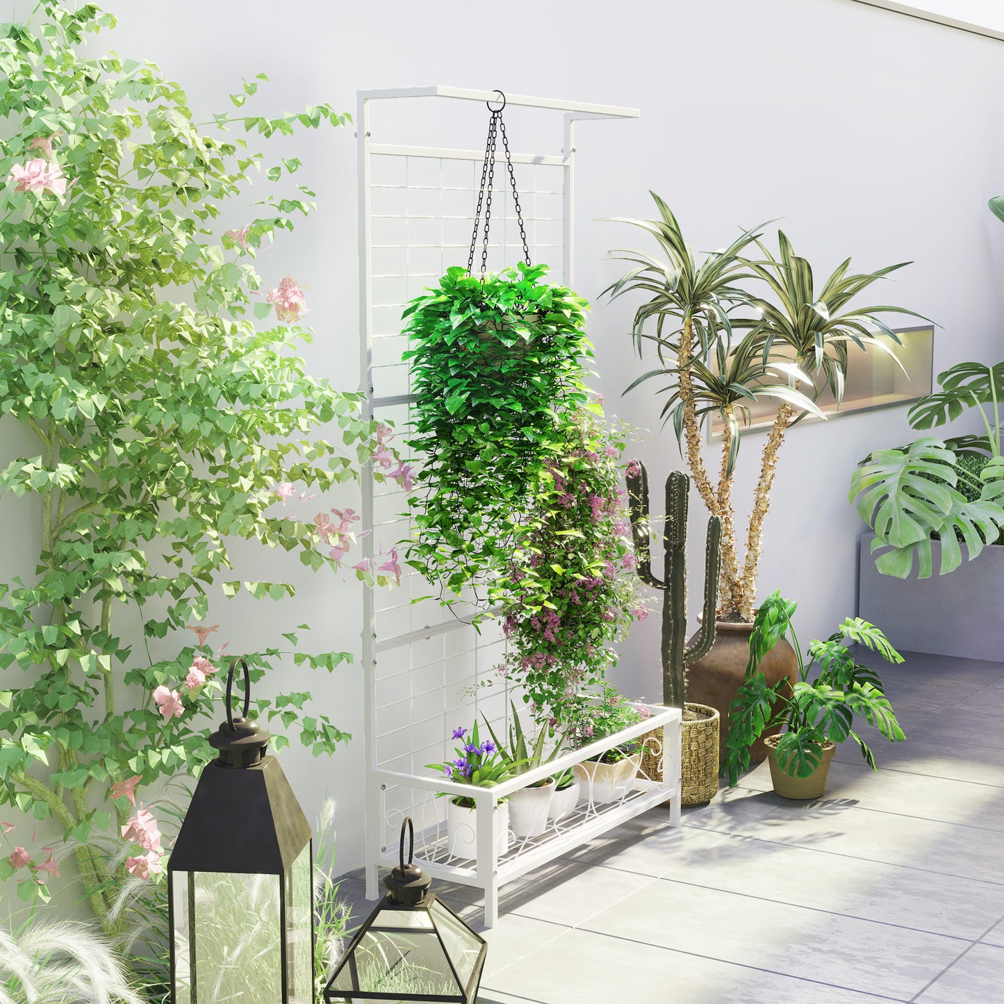 Tall Metal Plant Stand with Trellis and Hanging Bar, Indoor Outdoor Garden Display, White, 74 Inches
