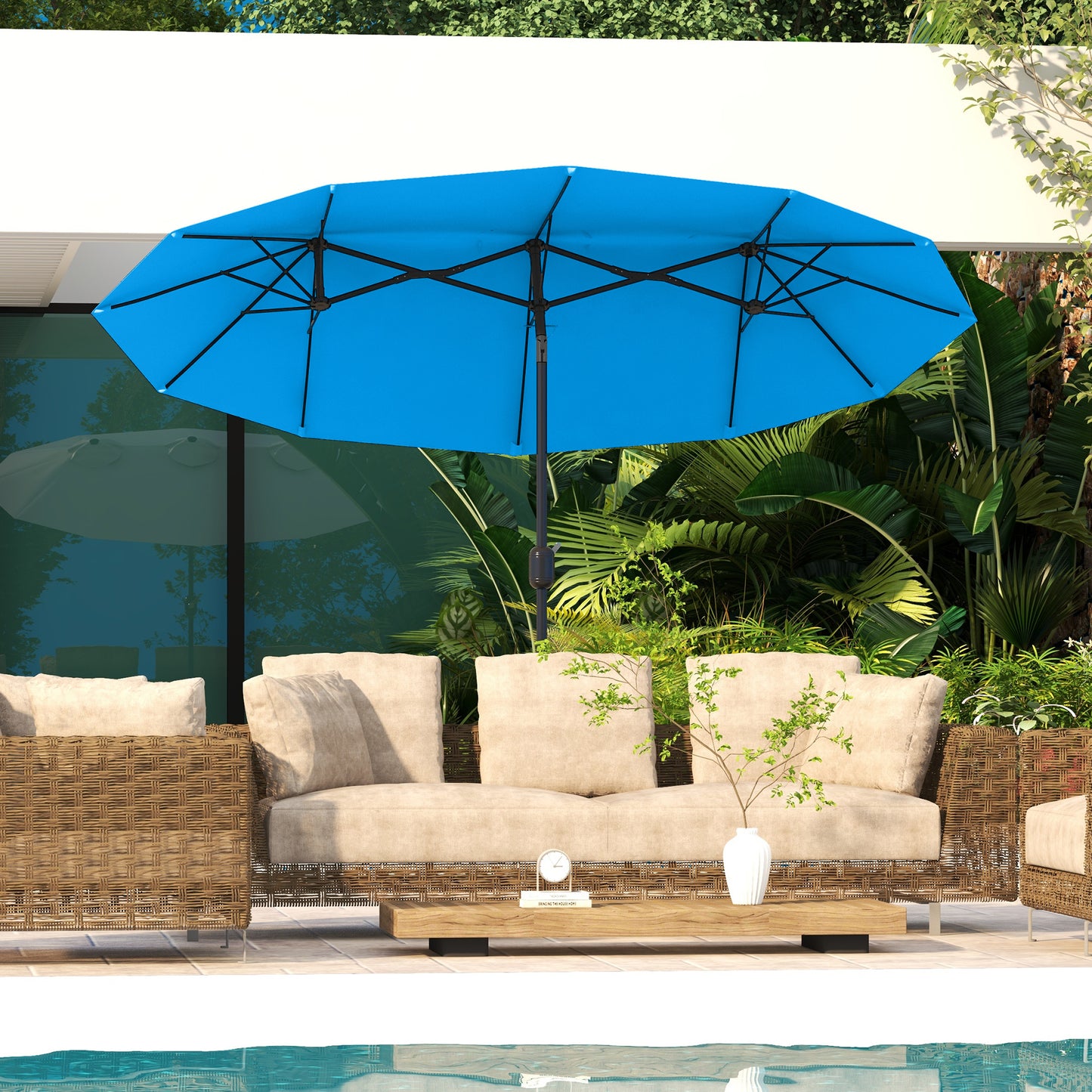 Double-Sided Patio Umbrella with Push Button Tilt - Cyan Blue