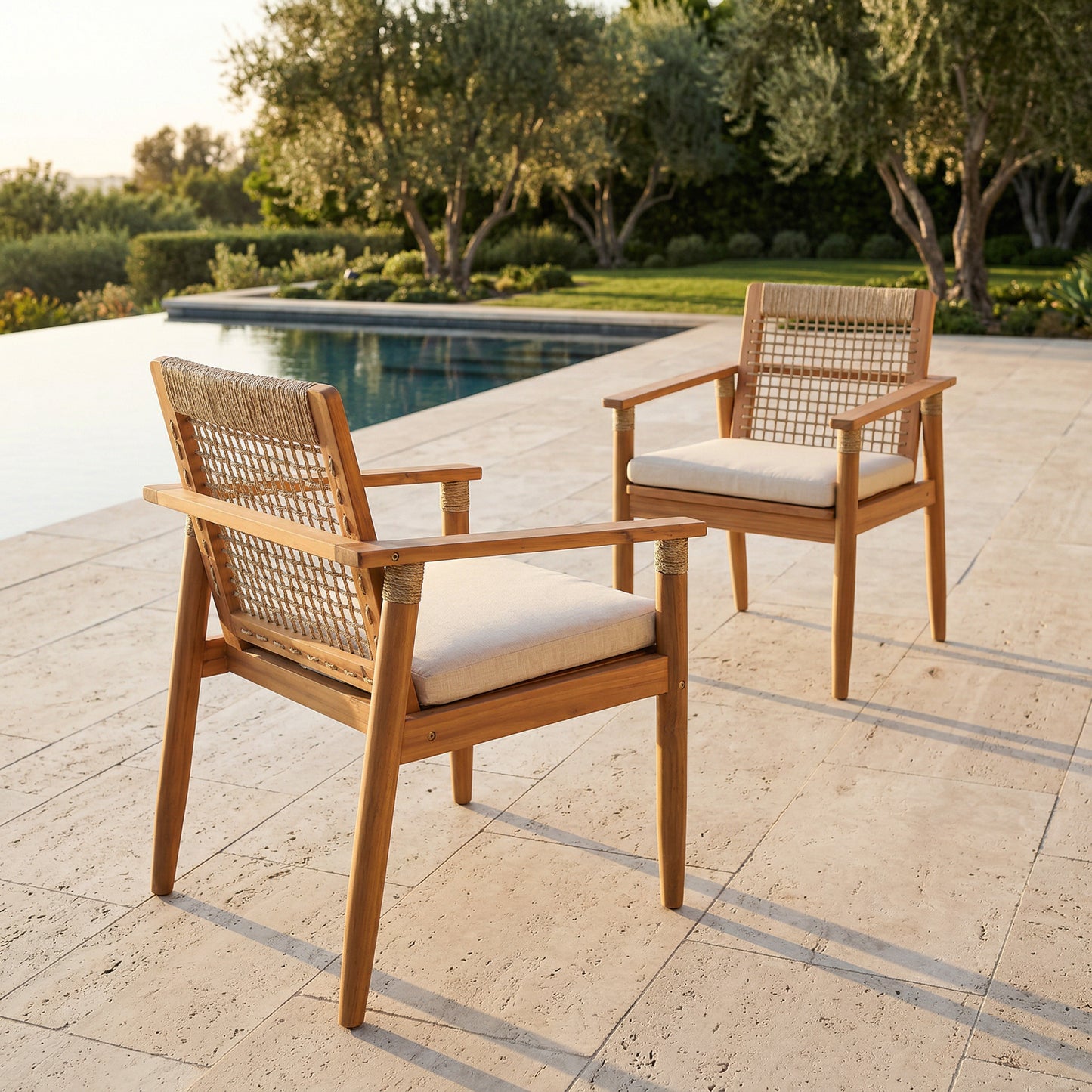 Acacia Wood Outdoor Dining Chairs Set of 2 with Beige Cushions