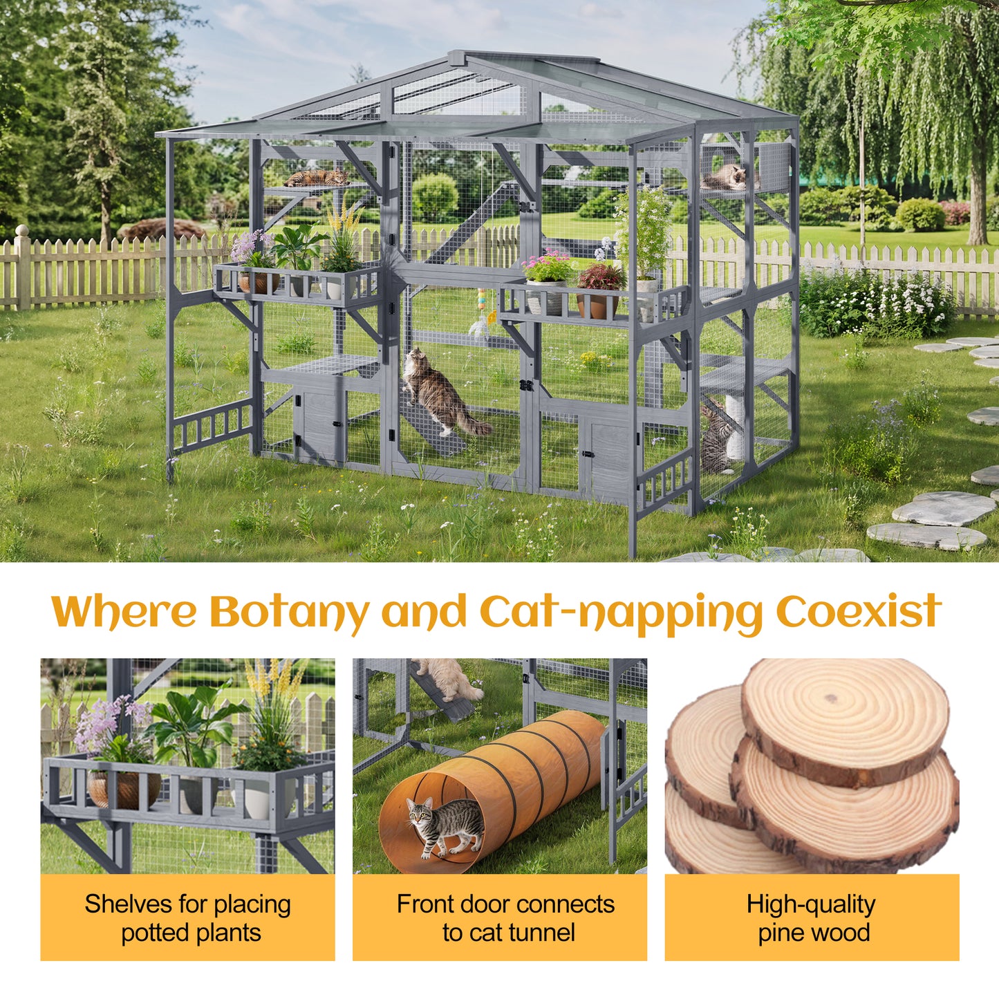 Outdoor Cat Enclosure with 6 Platforms Climbing Ramp & Resting Box for Multiple Cats - Grey