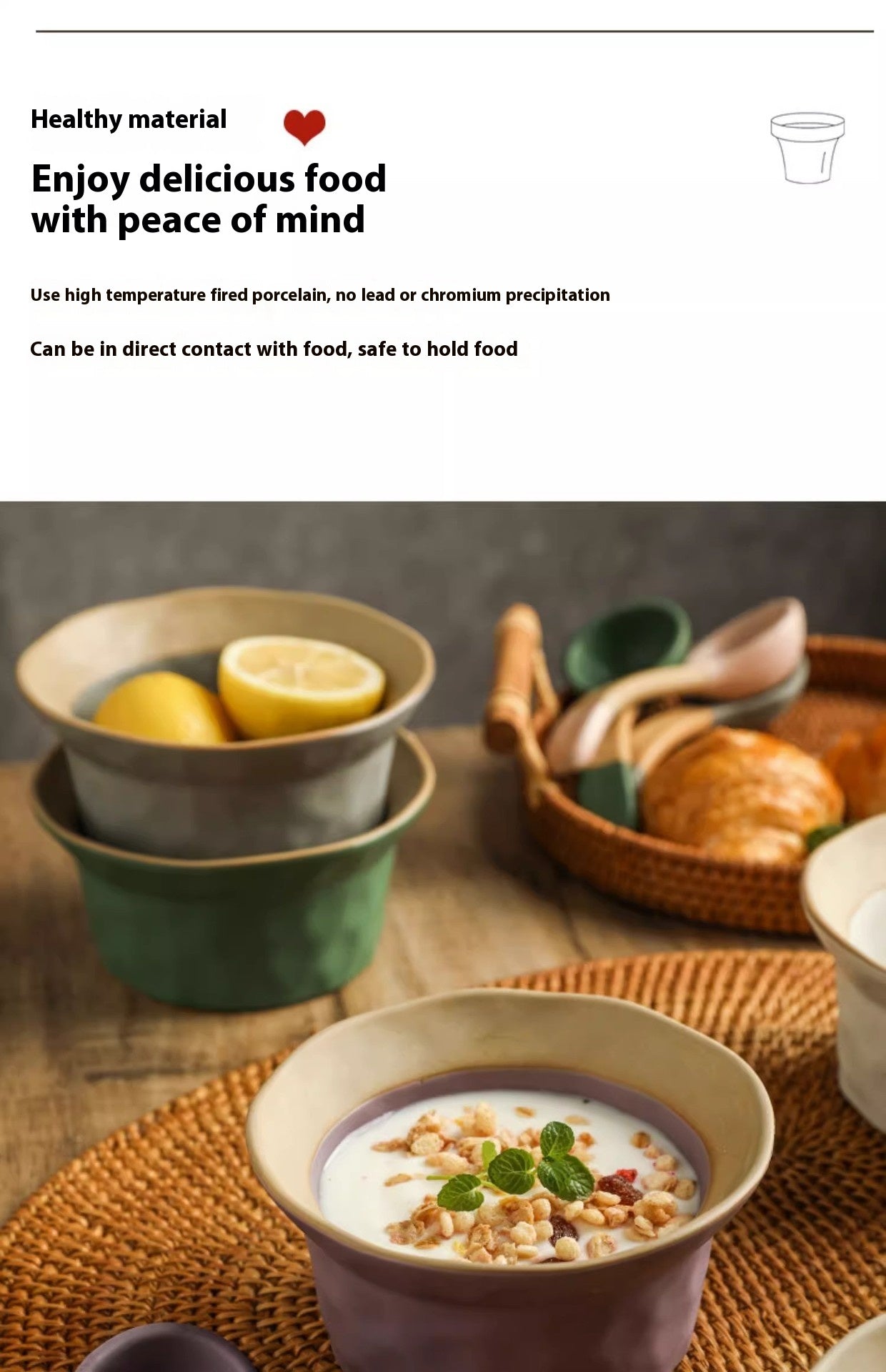 Retro Ceramic Kitchen Bowl Set with Spoons - Handmade Stoneware Dinnerware