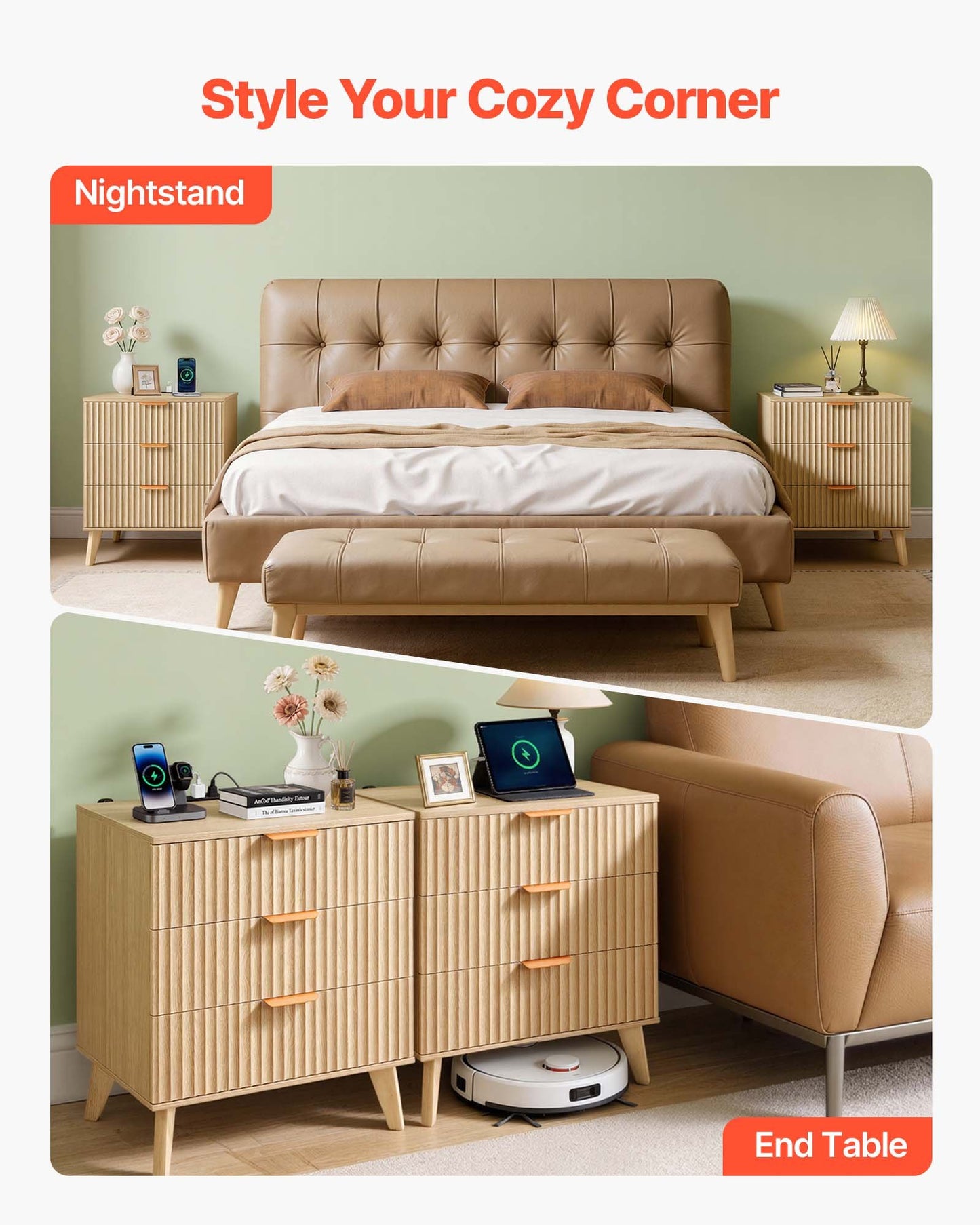 Nightstands with Charging Station - Set of 2, Mid-Century Modern Bedside Tables