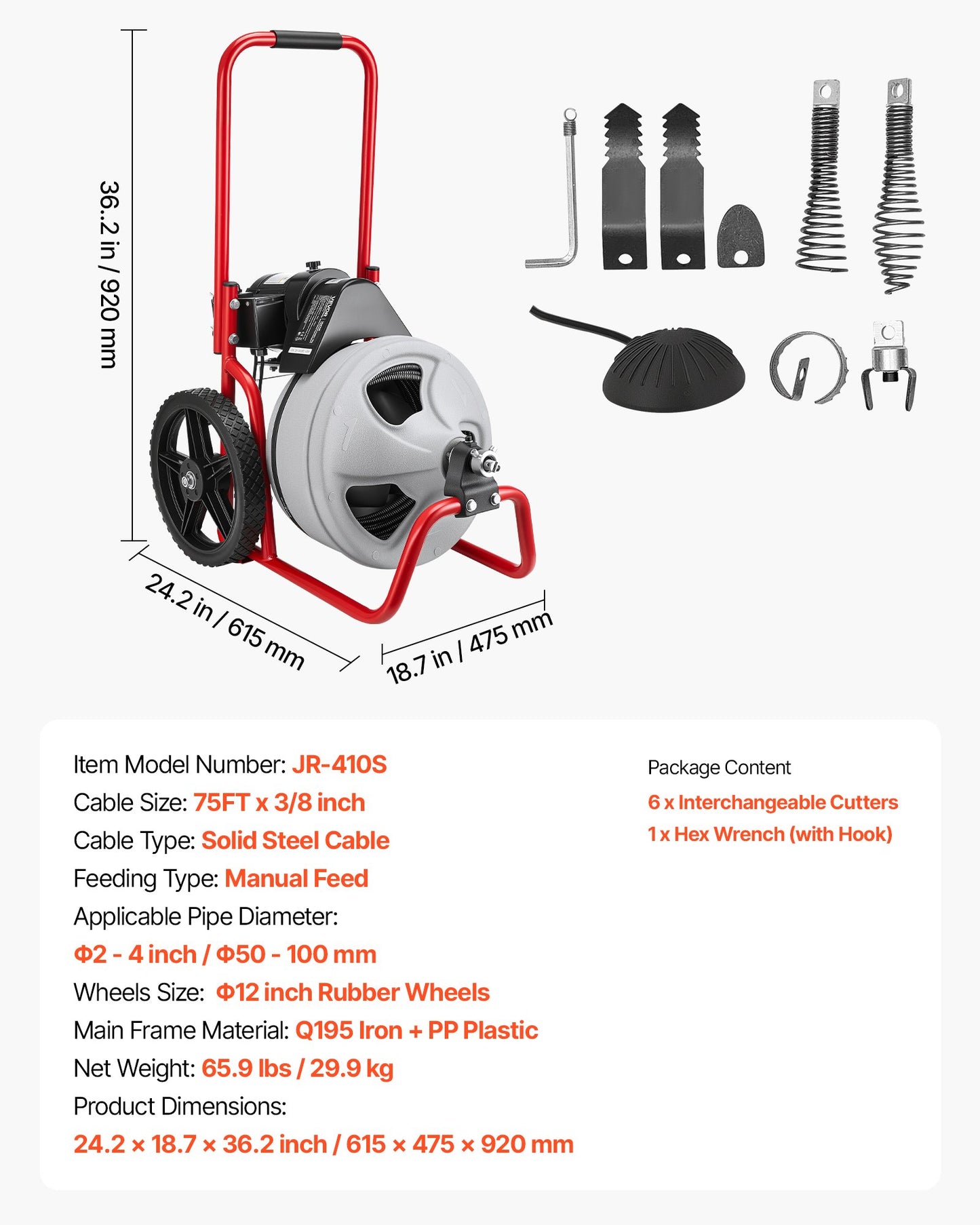 Drain Cleaner Machine 75FT Steel Sewer Snake Auger Portable with 6 Cutters