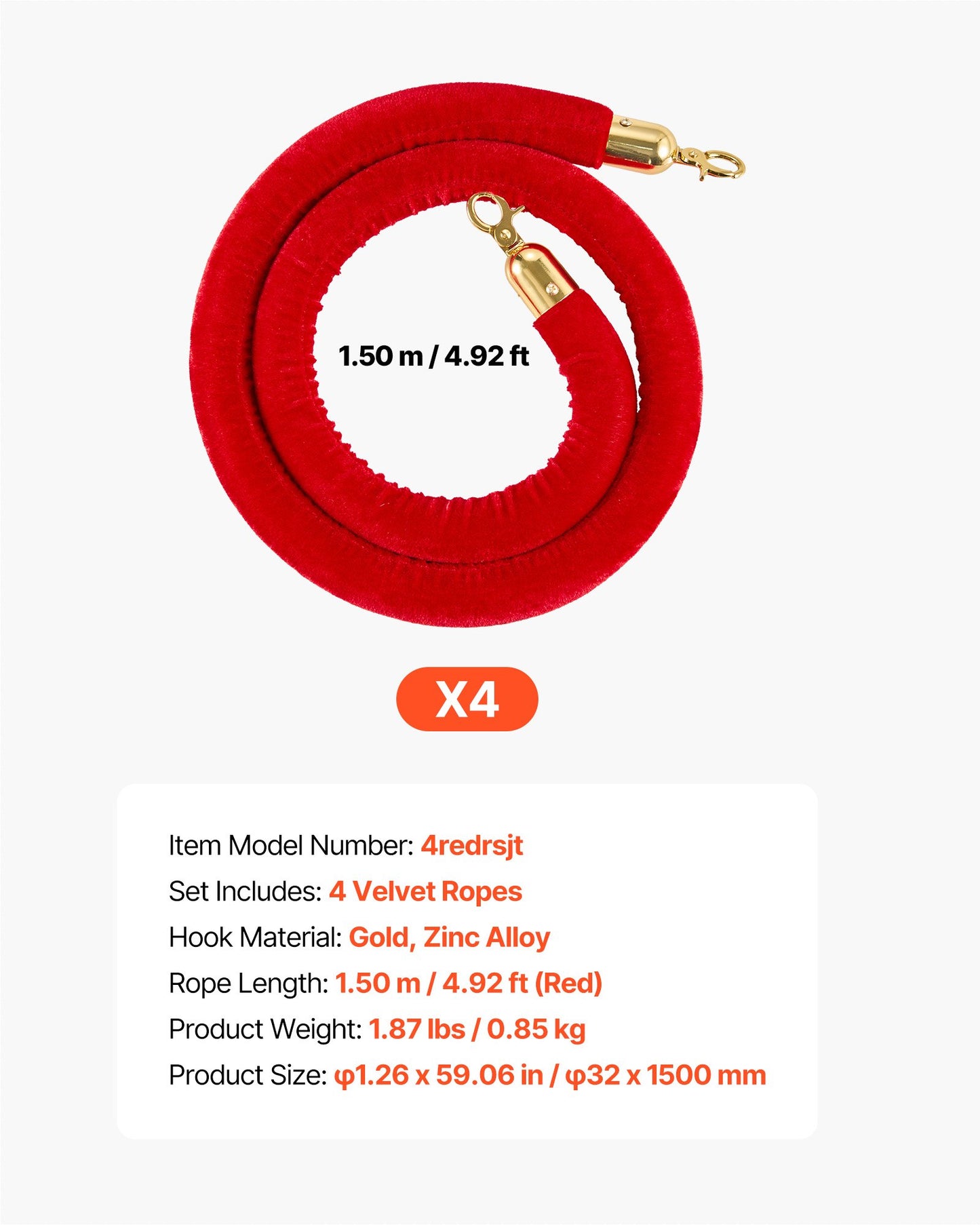 Crowd Control Ropes 4 Pack 5 Ft Velvet Barrier Ropes with Gold Hooks for Events & Theaters