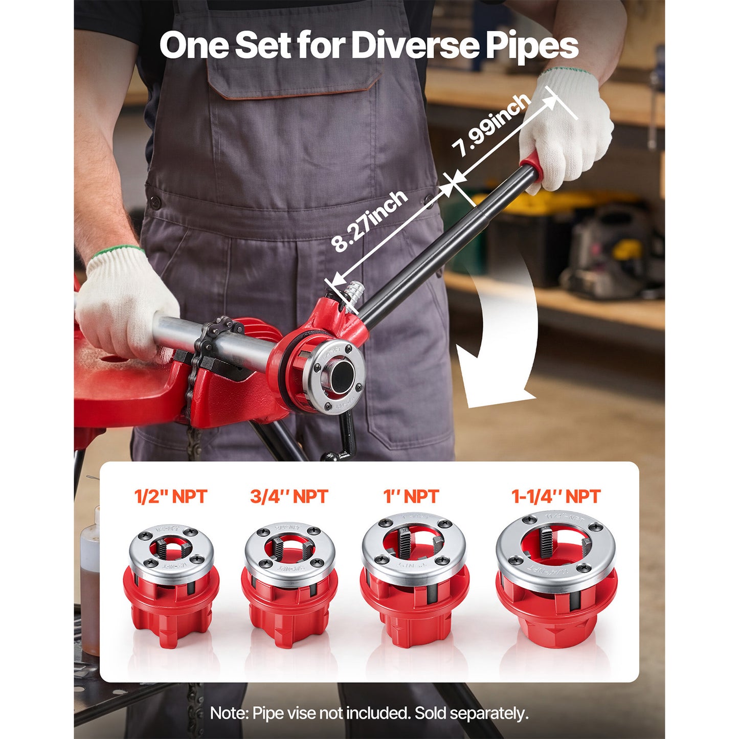 Pipe Threader Kit with 4 Dies 1/2, 3/4, 1, 1-1/4 Inch NPT Manual Ratchet Pipe Threading Tool